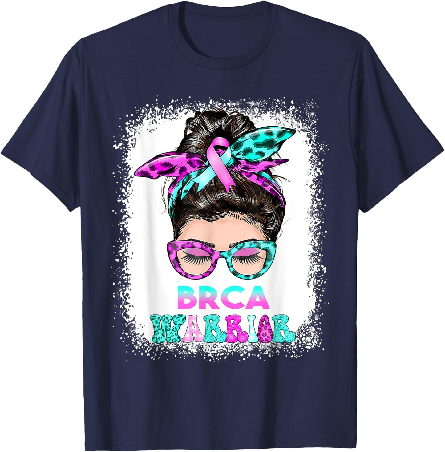 BRCA Warrior, pink-teal Messy Bun Breast Cancer Awareness T-Shirt - T-Shirt | Navy