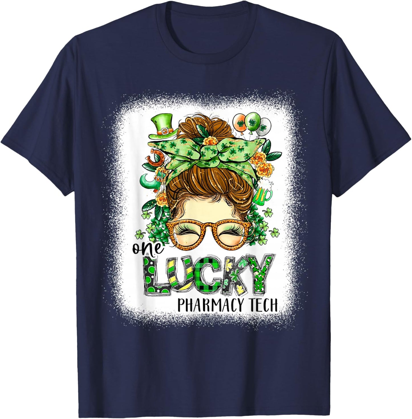 One Lucky Pharmacy Tech Bleached St Patricks Day Women T-Shirt - T-Shirt | Navy