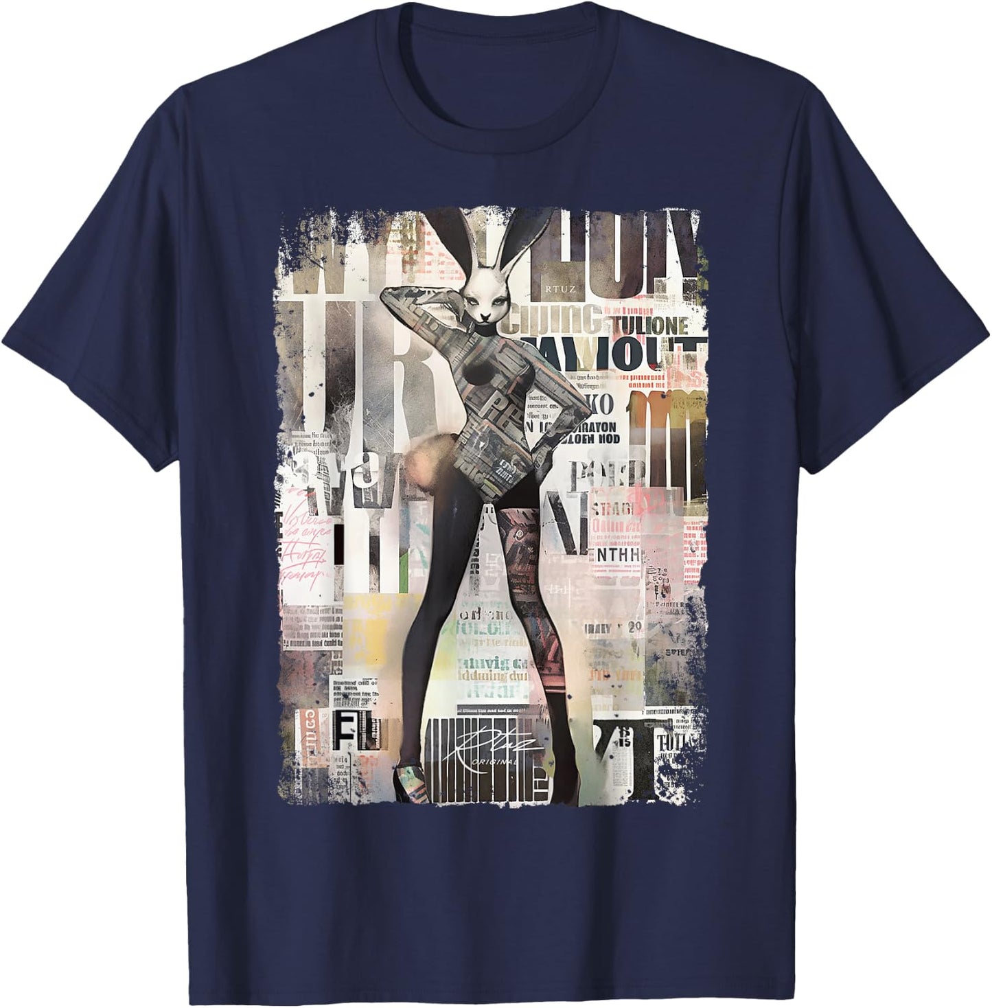Magazine Cover Vintage Girl Bunny Collage Sexy Model Pin-Up T-Shirt - T-Shirt | Navy
