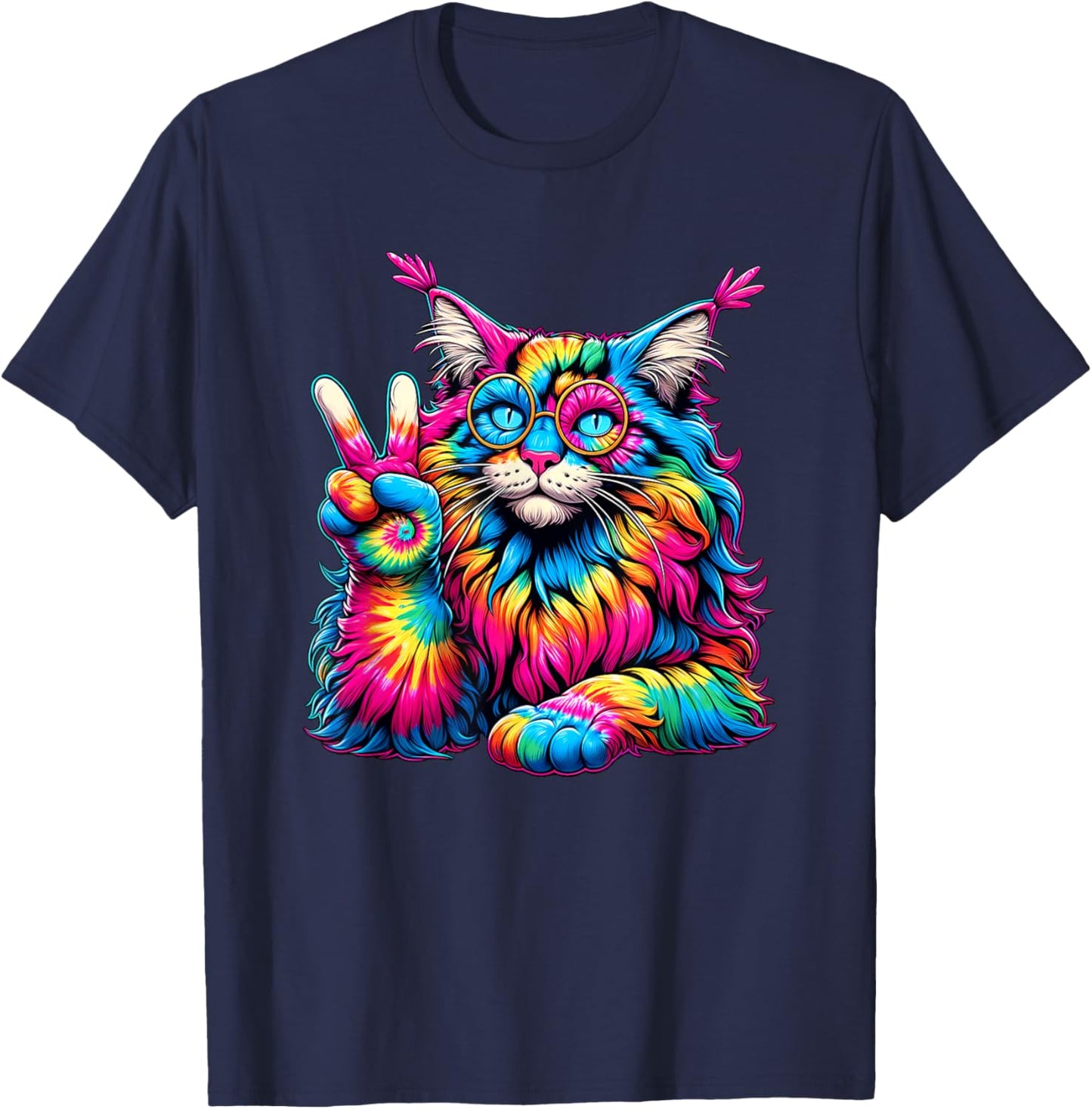 Peace Sign Tie Dye Maine Coon Cat Men Women Kids T-Shirt - T-Shirt | Navy