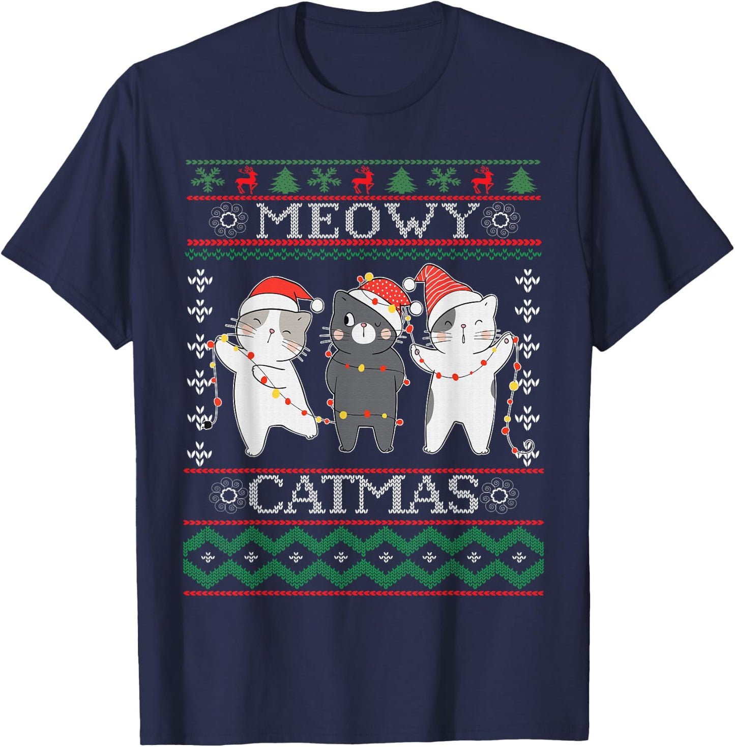 Funny Christmas Cat Matching Family Pajamas Meowy Catmas T-Shirt - T-Shirt | Navy