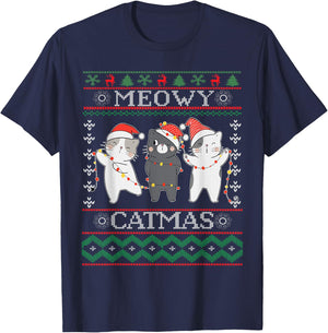 Funny Christmas Cat Matching Family Pajamas Meowy Catmas T-Shirt - T-Shirt | Navy