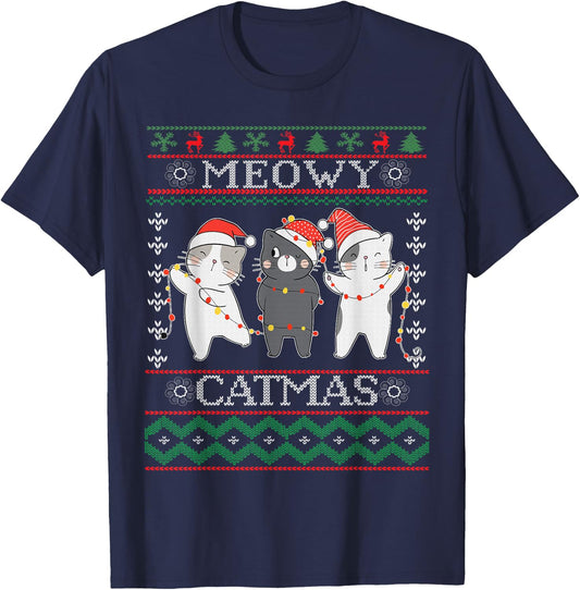 Funny Christmas Cat Matching Family Pajamas Meowy Catmas T-Shirt - T-Shirt | Navy
