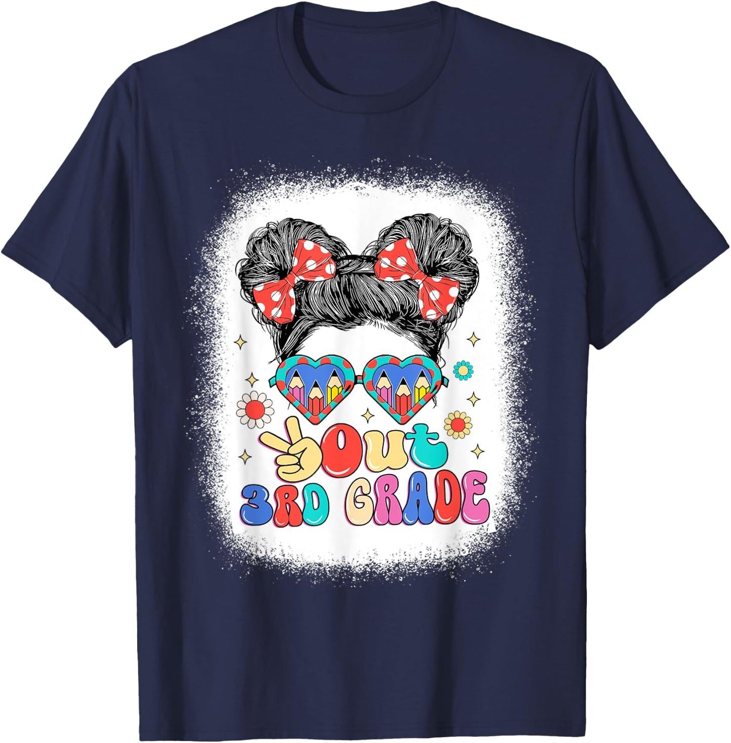 Peace Out 3rd Grade Messy Bun Girls Last Day Of School T-Shirt - T-Shirt | Navy