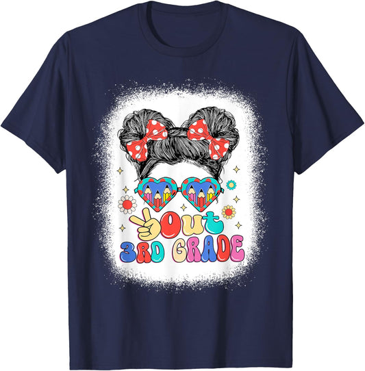 Peace Out 3rd Grade Messy Bun Girls Last Day Of School T-Shirt - T-Shirt | Navy