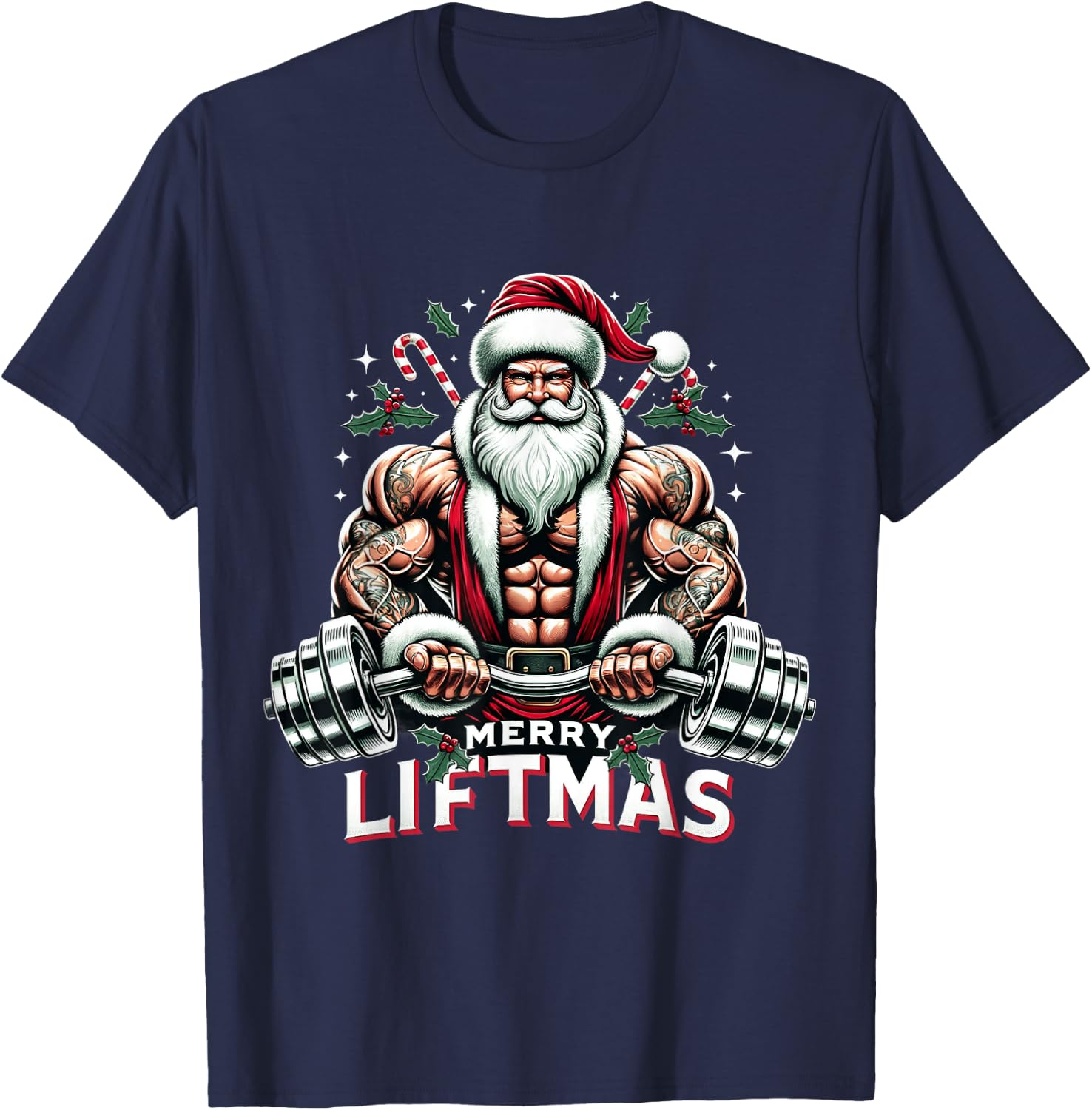 Muscle Santa Bodybuilder Merry Liftmas Gym Christmas Workout T-Shirt - T-Shirt | Navy