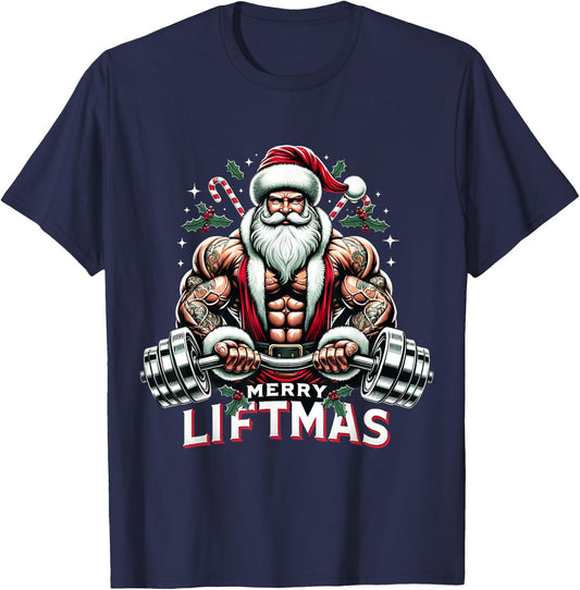 Muscle Santa Bodybuilder Merry Liftmas Gym Christmas Workout T-Shirt - T-Shirt | Navy