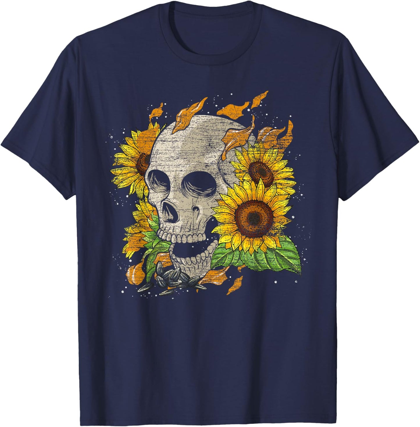 Florist Hippie Yellow Flower Nature Skull Sunflower T-Shirt - T-Shirt | Navy
