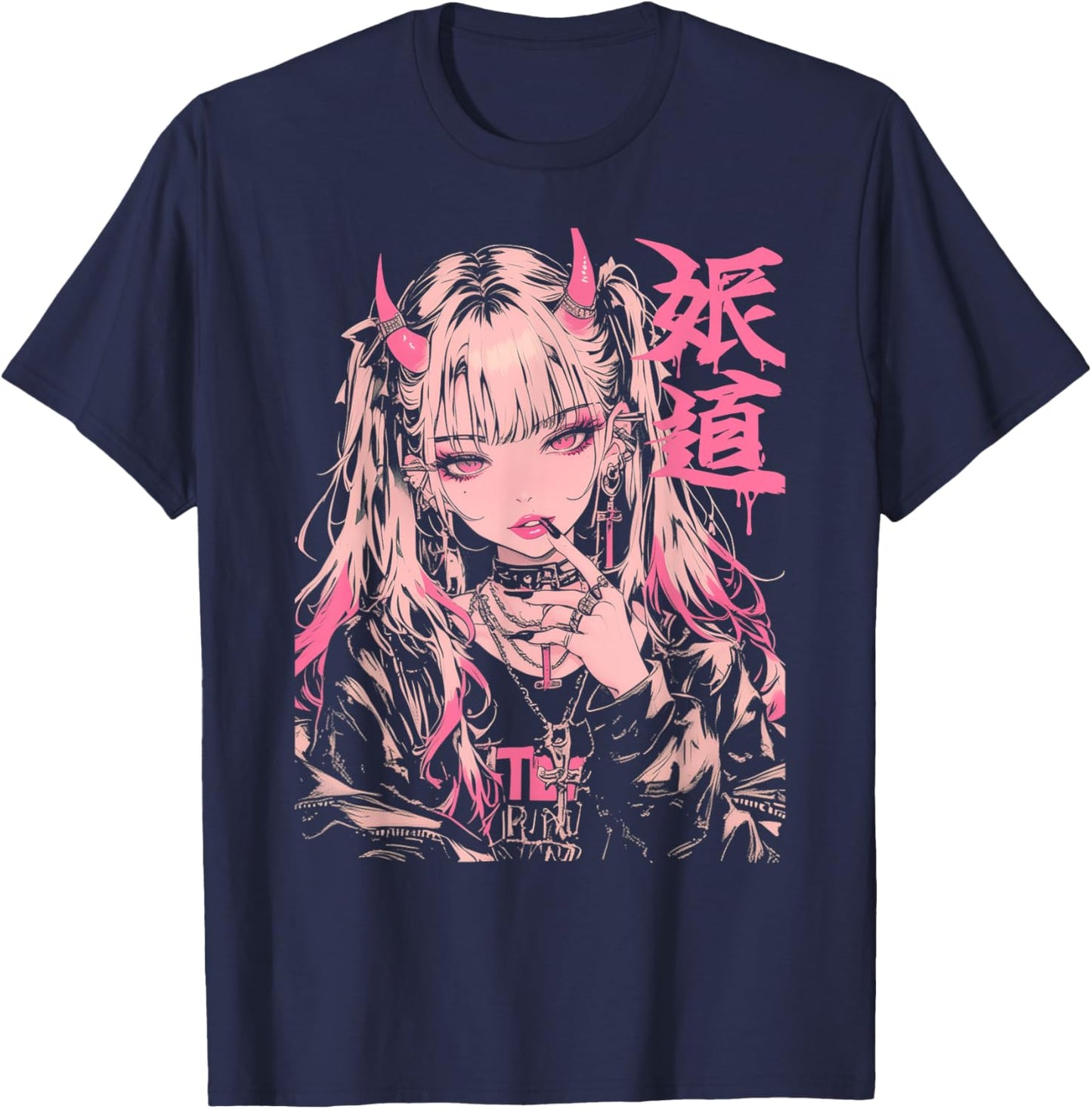 Goth Grunge Demon Anime Girl Waifu Horror Alt Aesthetic T-Shirt - T-Shirt | Navy