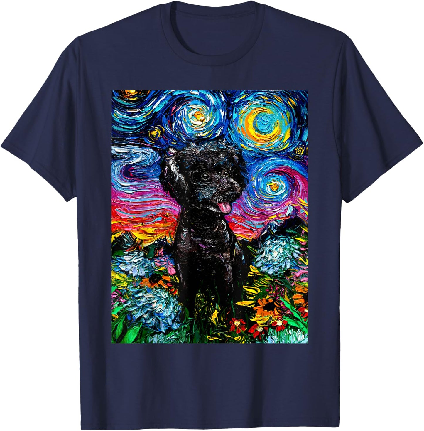 Cute Black Poodle and Flowers Starry Night Dog Art by Aja Women Kids T-Shirt - T-Shirt | Navy