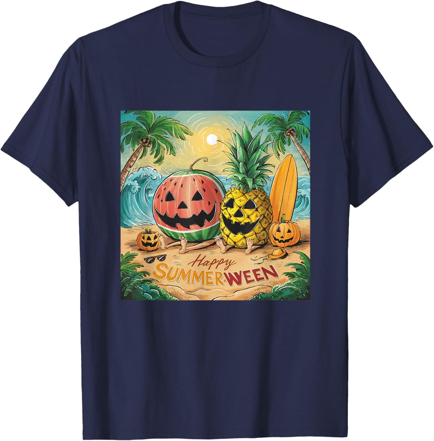 Happy Summerween Watermelon Pineapple Beach Vibes Halloween Women Kids T-Shirt - T-Shirt | Navy