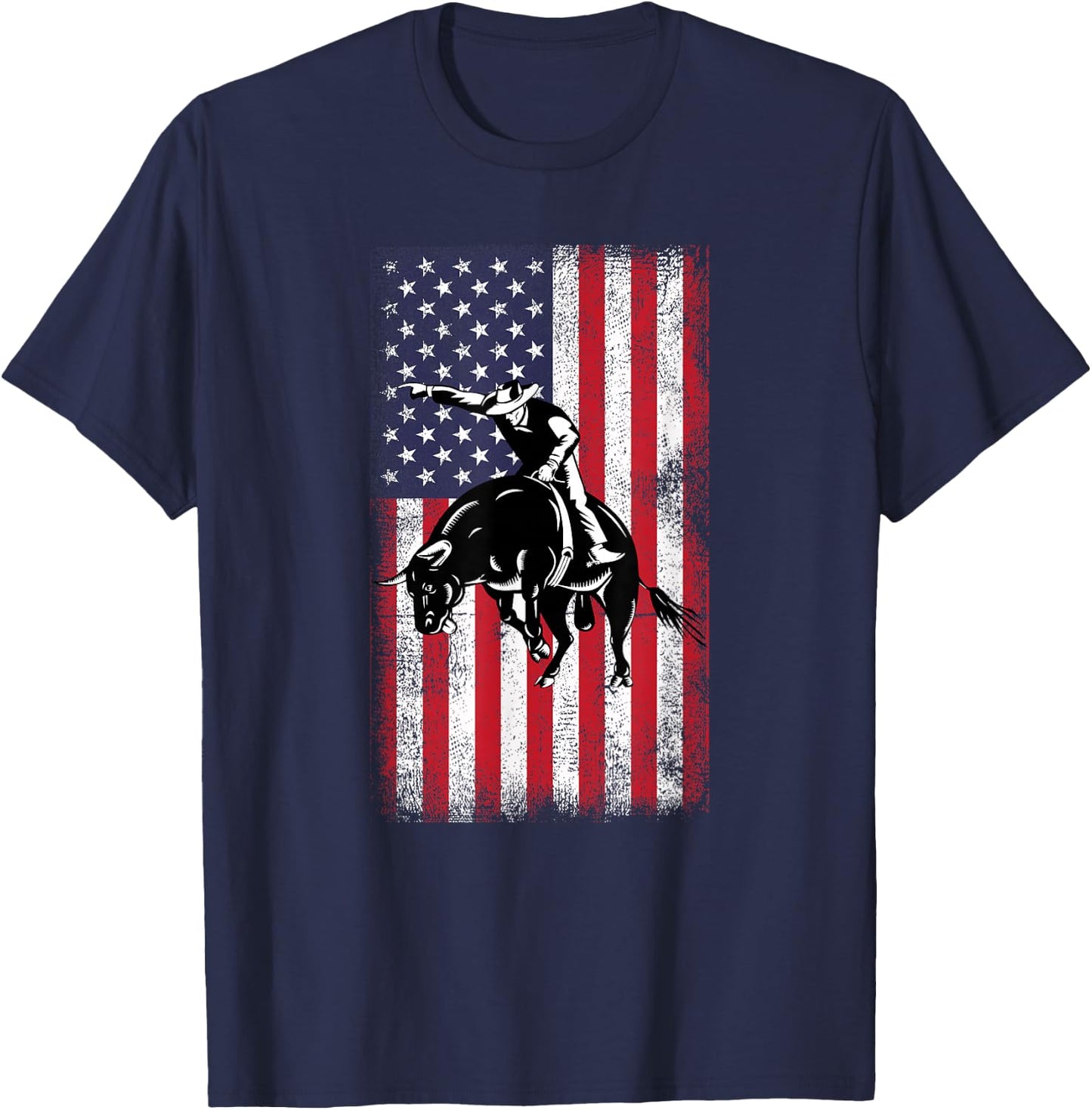 Rodeo Bull Rider Cowboys Patriotic American Flag Vintage T-Shirt - T-Shirt | Navy