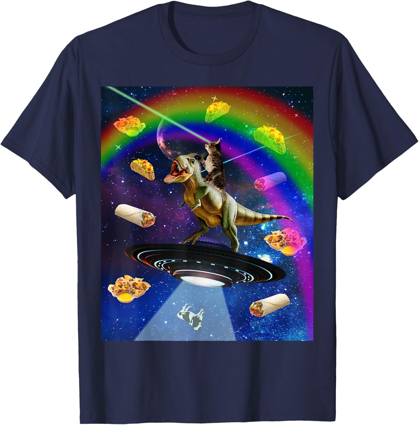 Laser Eyes Outer Space Cat Riding On T-Rex Dinosaur Women T-Shirt - T-Shirt | Navy