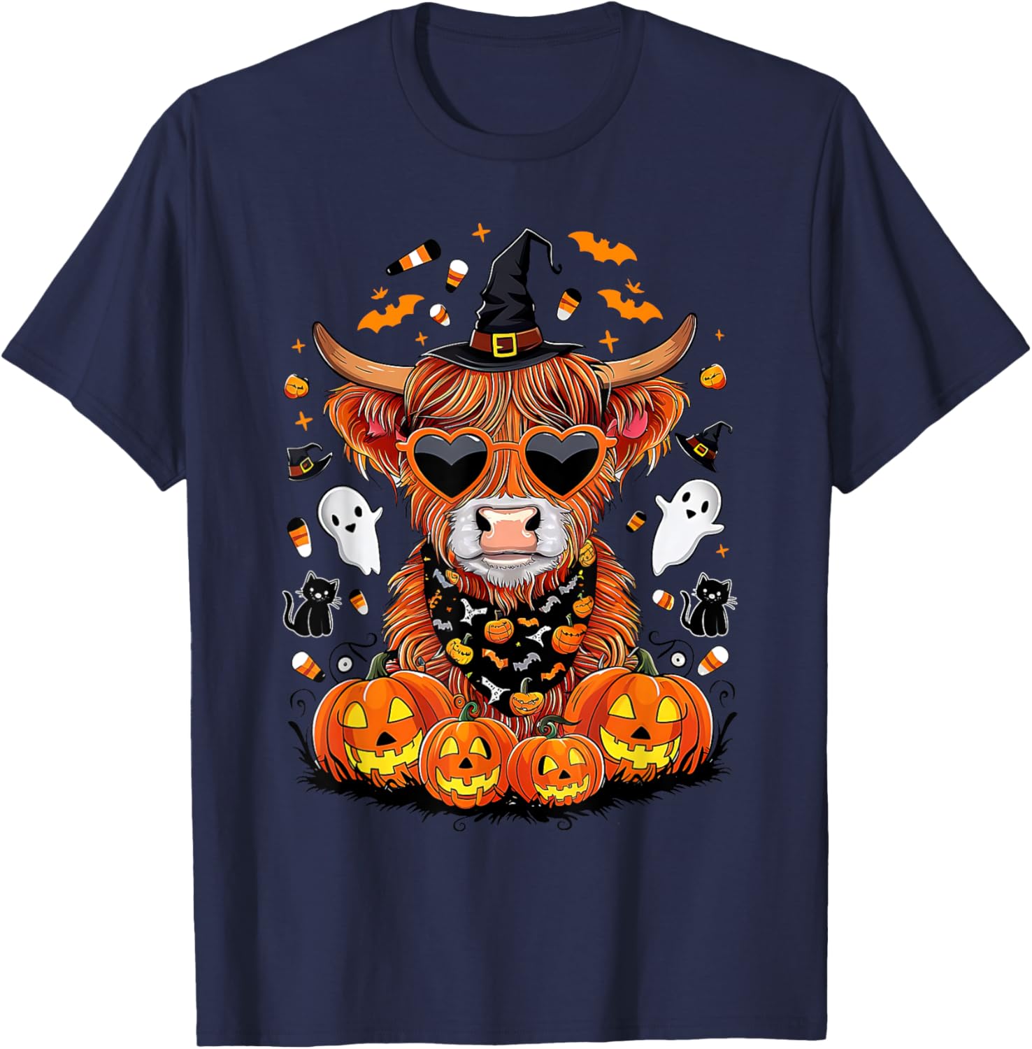 Halloween Highland Cow Farm Western Ghost Cow Witchy Pumpkin T-Shirt - T-Shirt | Navy