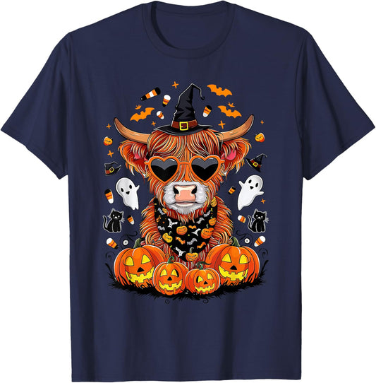 Halloween Highland Cow Farm Western Ghost Cow Witchy Pumpkin T-Shirt - T-Shirt | Navy