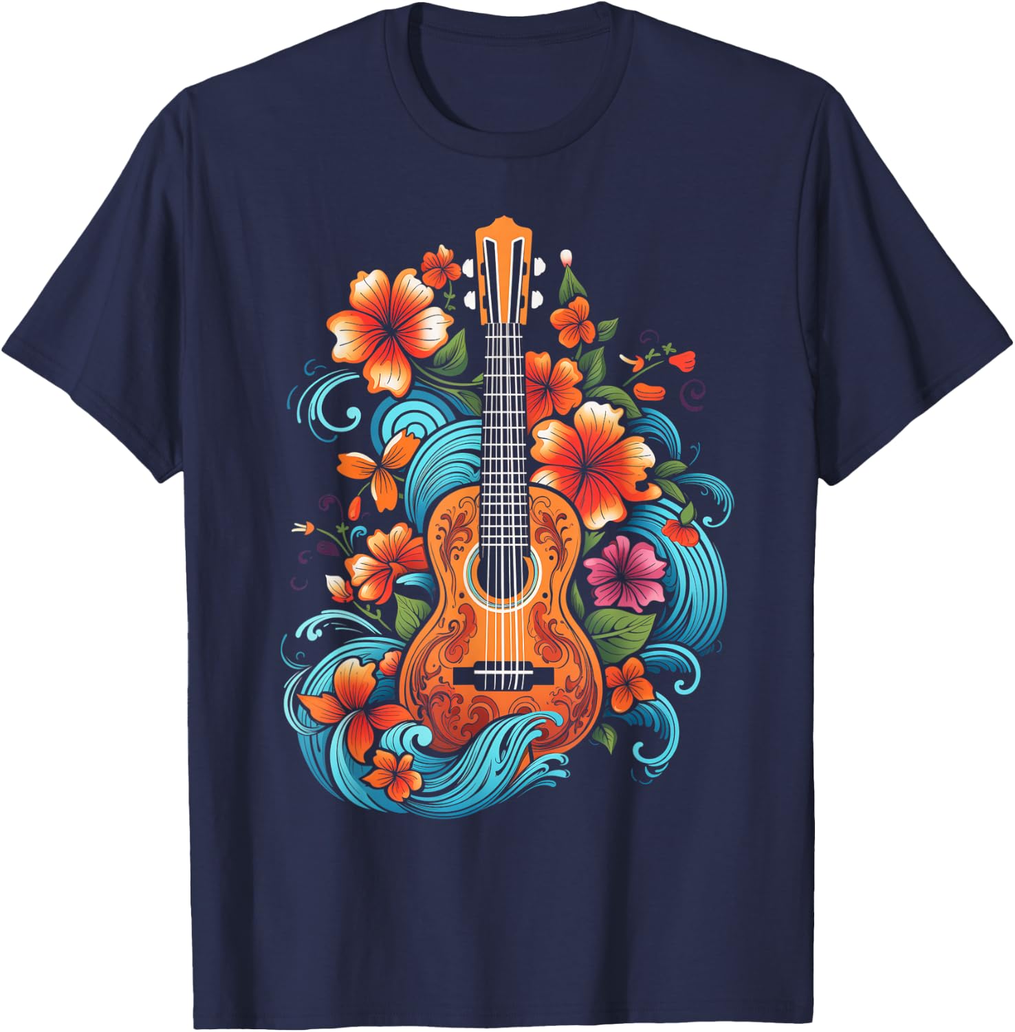 Ukulele Hawaii Hibiscus Flowers Guitar Hawaii Surfer Ukulele T-Shirt - T-Shirt | Navy