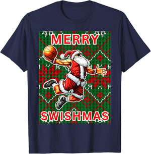 Merry Swishmas Basketball Christmas Santa Claus Slam Dunk T-Shirt - T-Shirt | Navy