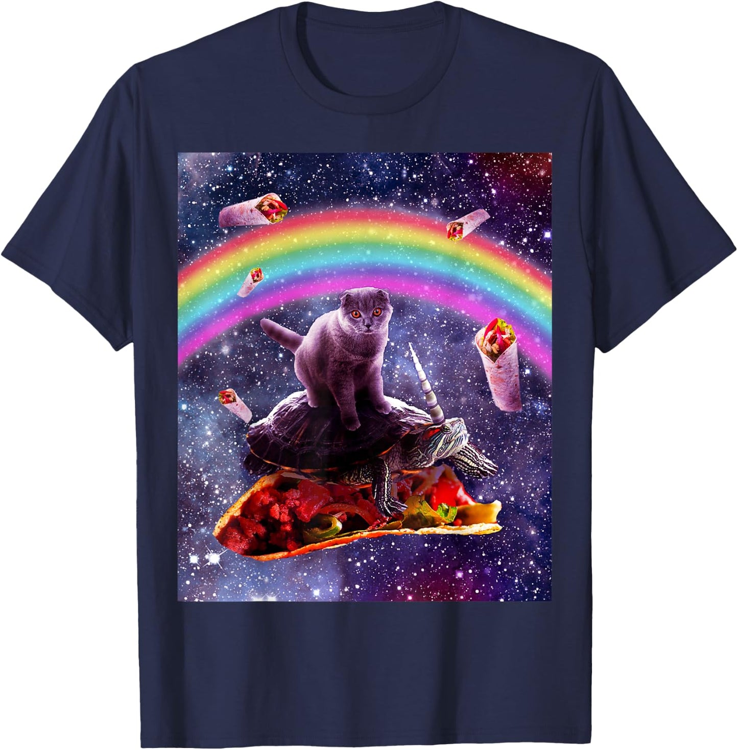 Space Cat Riding Turtle Unicorn - Taco & Burrito T-Shirt - T-Shirt | Navy