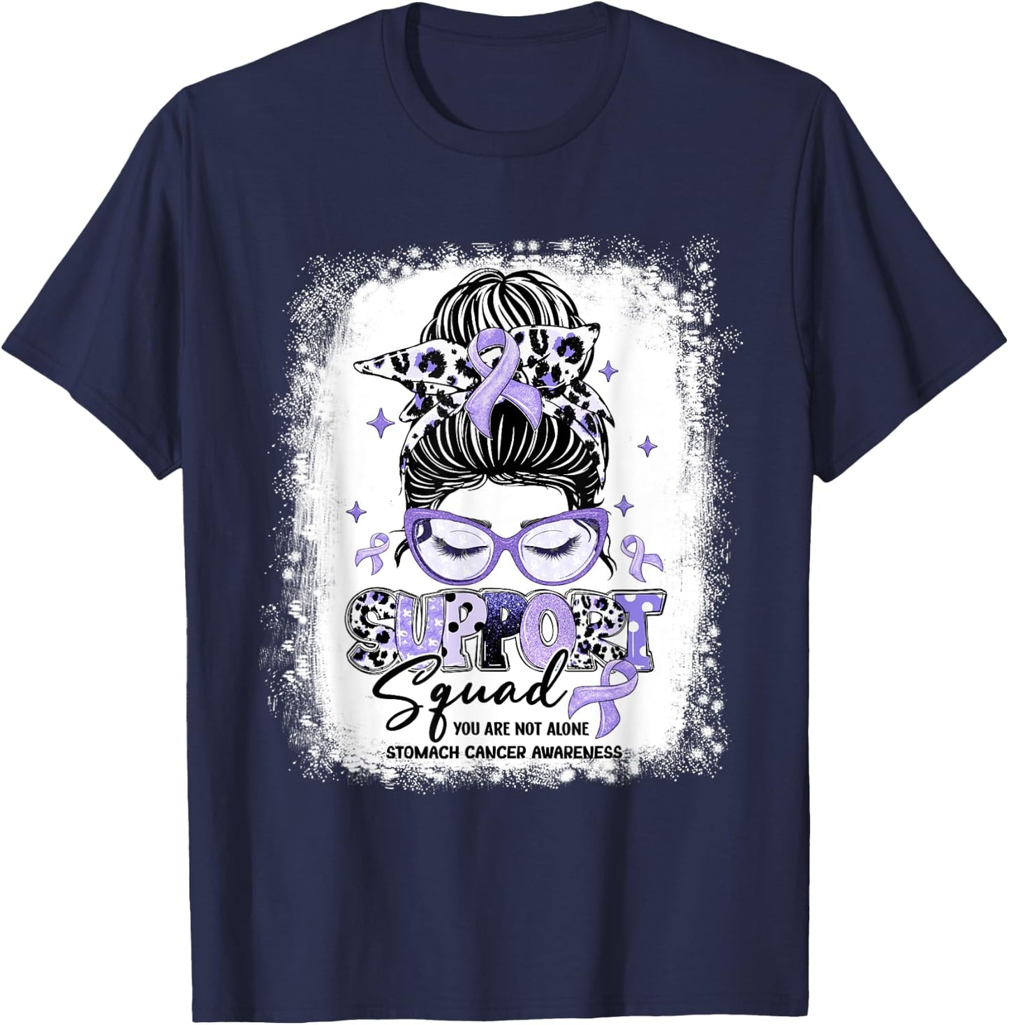 Support Squad Leopard Messy Bun Stomach Cancer Awareness T-Shirt - T-Shirt | Navy