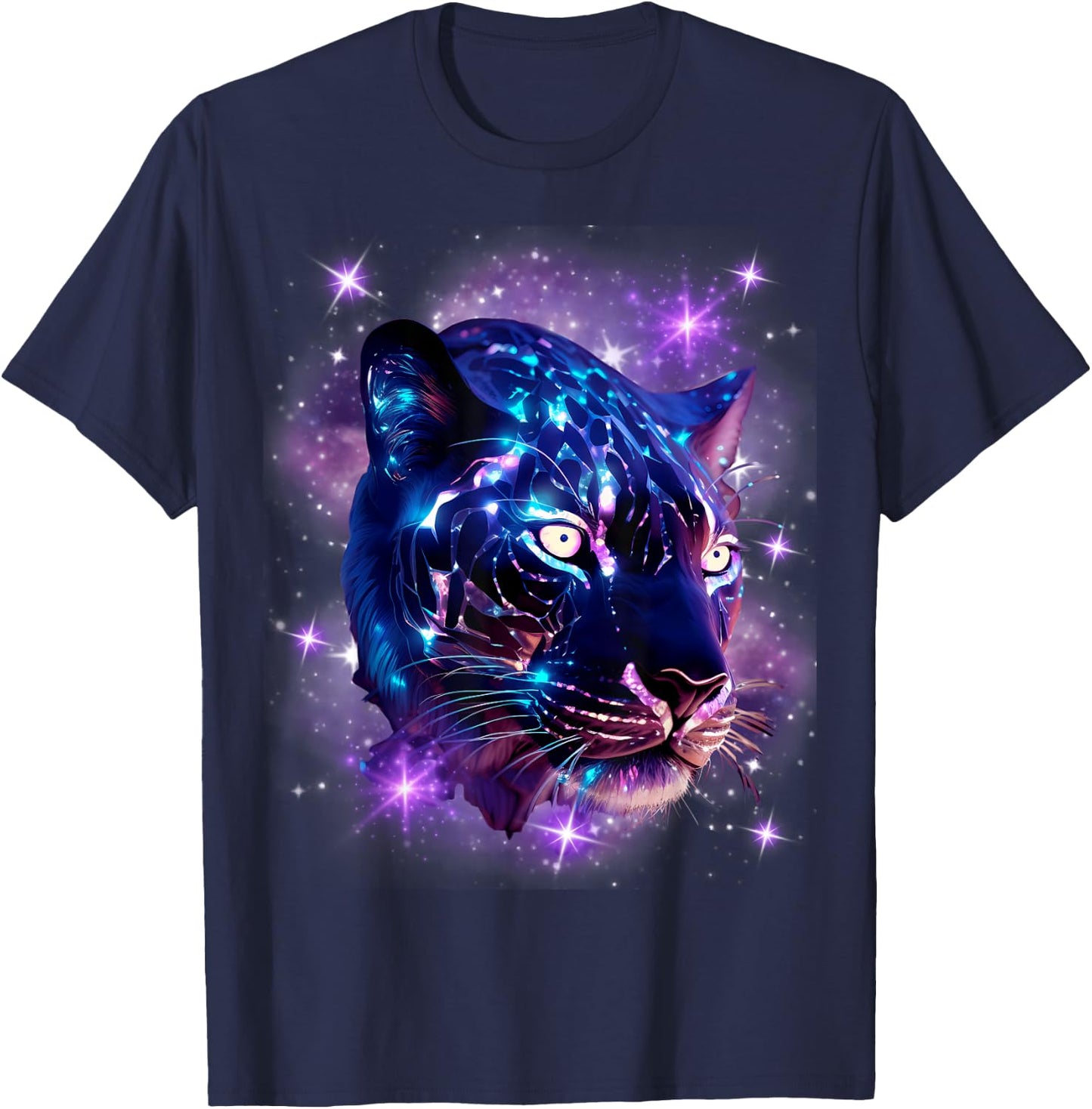 Cosmic Cheetah Leopard Tiger Purple Galaxy Stars Celestial T-Shirt - T-Shirt | Navy