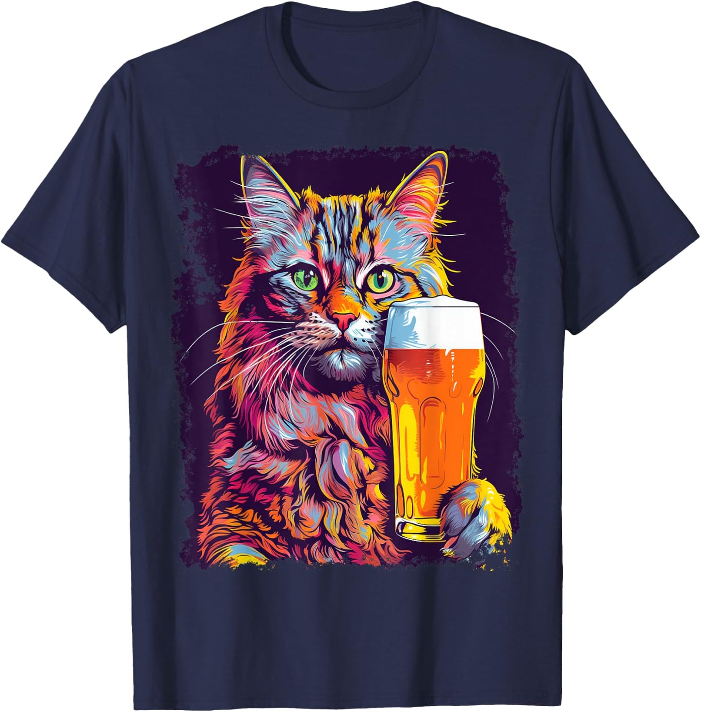 Noah&Friends Cat Drinking Beer -Adults Black Small Classic Fit U-Neck T-Shirt - T-Shirt | Navy