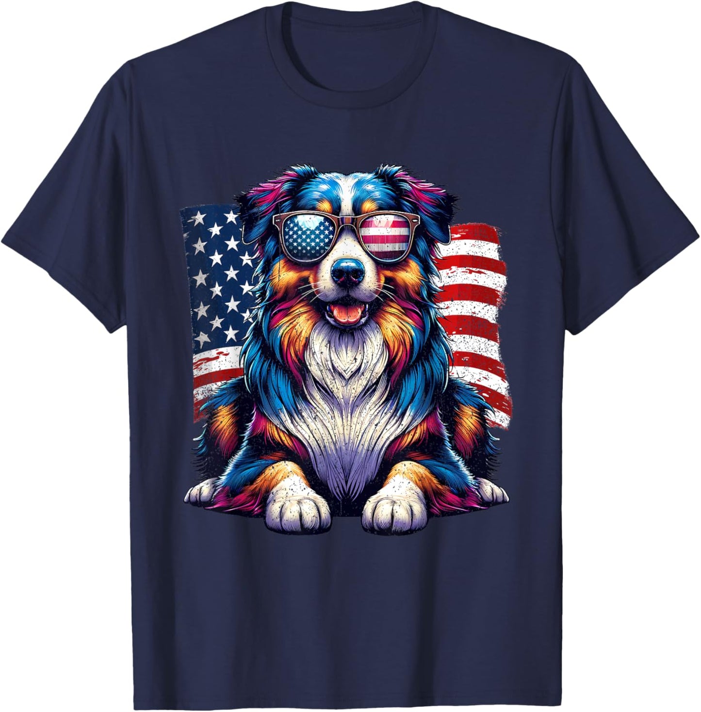 Vintage Australian Shepherd American Flag Pets Dogs USA US T-Shirt - T-Shirt | Navy