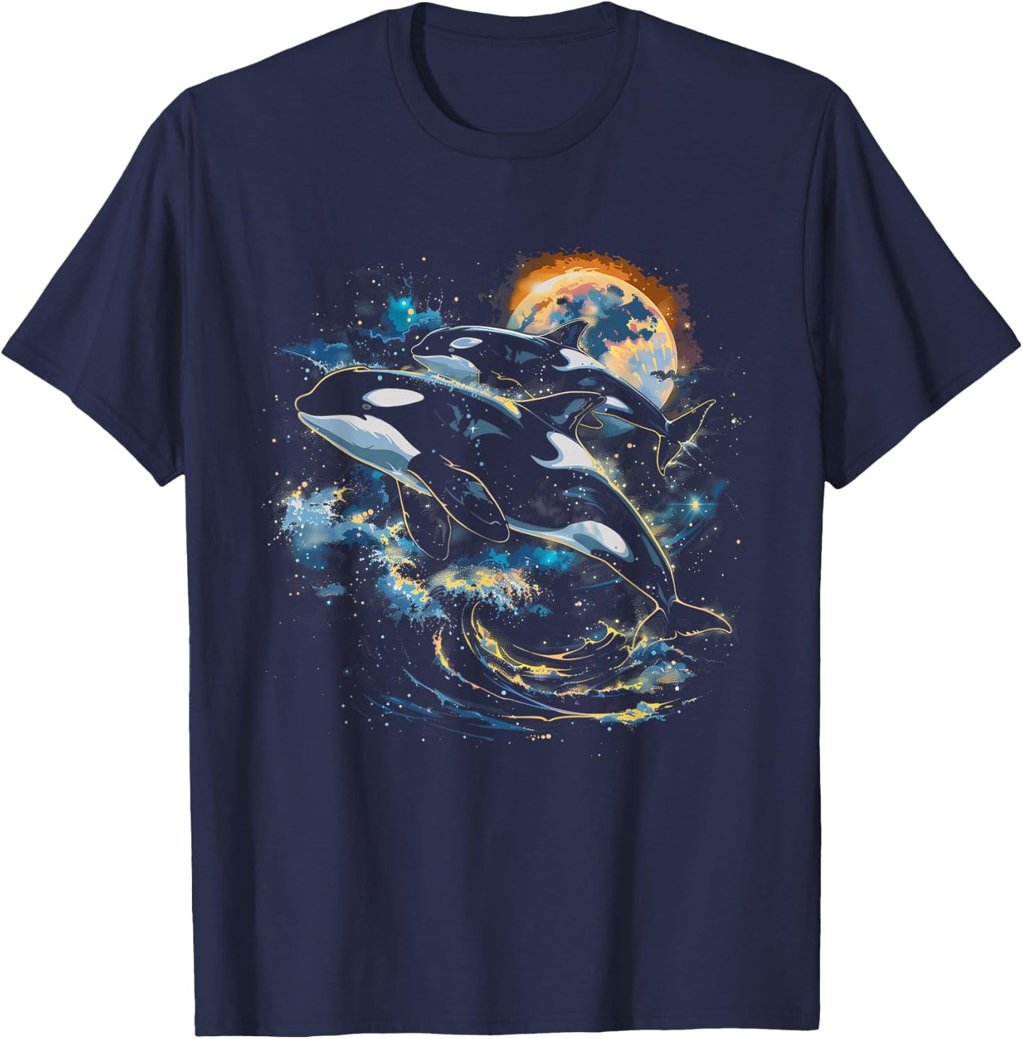 Orca In Space, Planets, Stars, Wall Lovers T-Shirt - T-Shirt | Navy