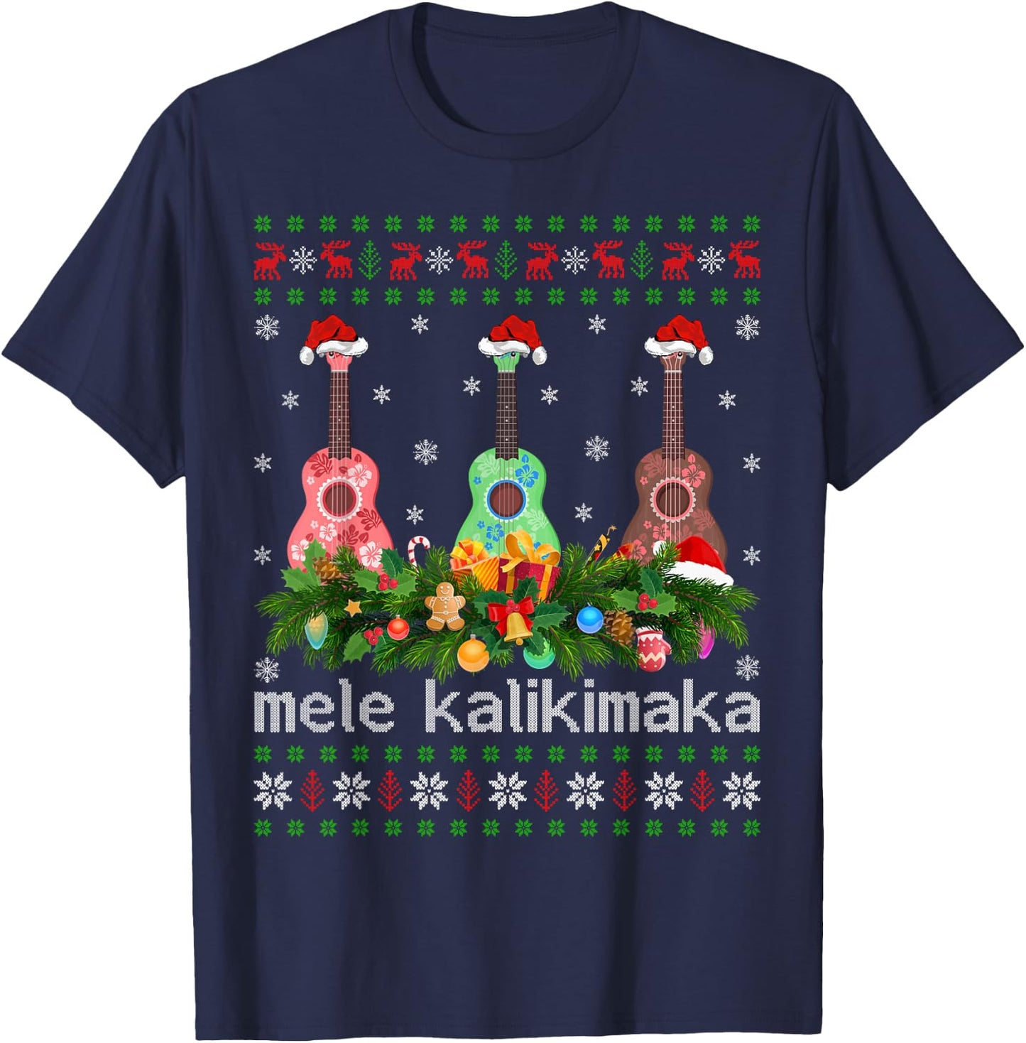 Mele Kalikimaka Ukulele Guitar Gift Ugly Ukulele Christmas T-Shirt - T-Shirt | Navy