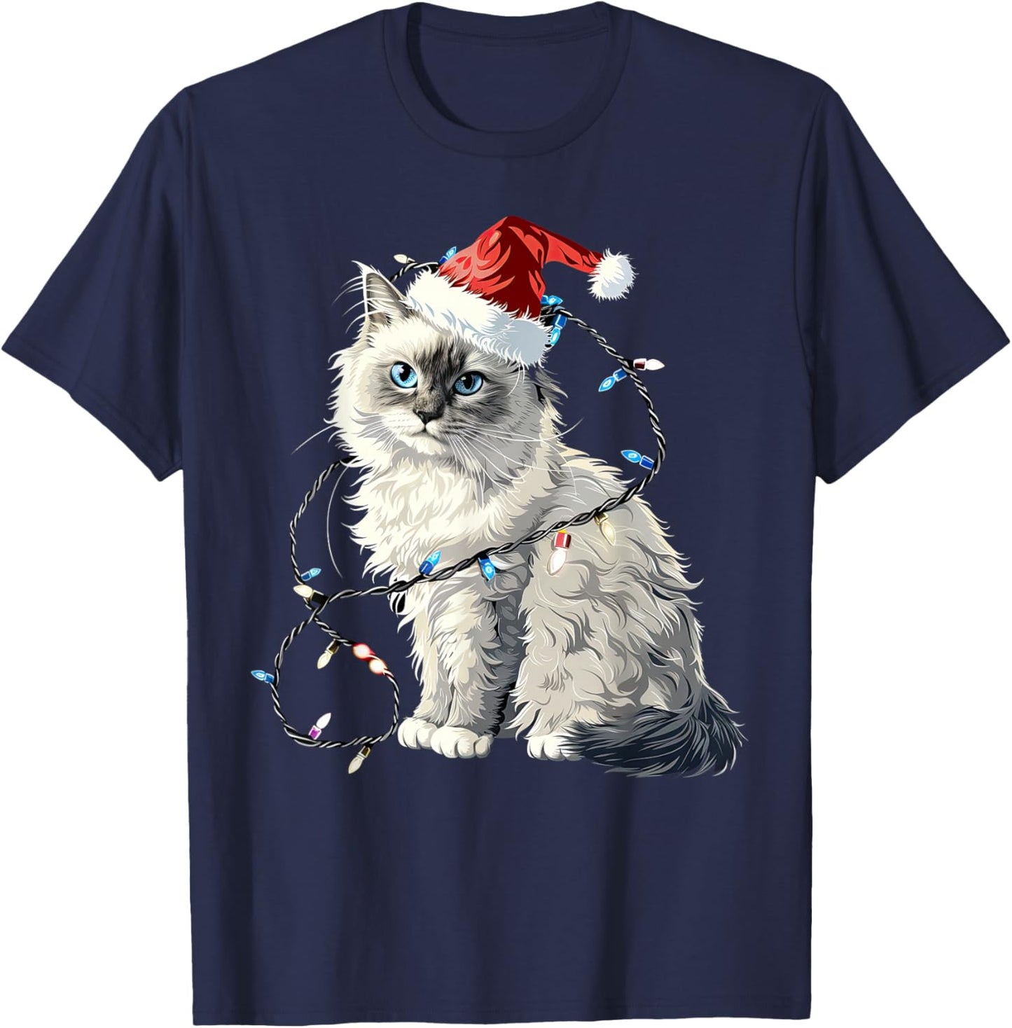 Cute Ragdoll Cat Santa Hat Christmas Lights Feline T-Shirt - T-Shirt | Navy