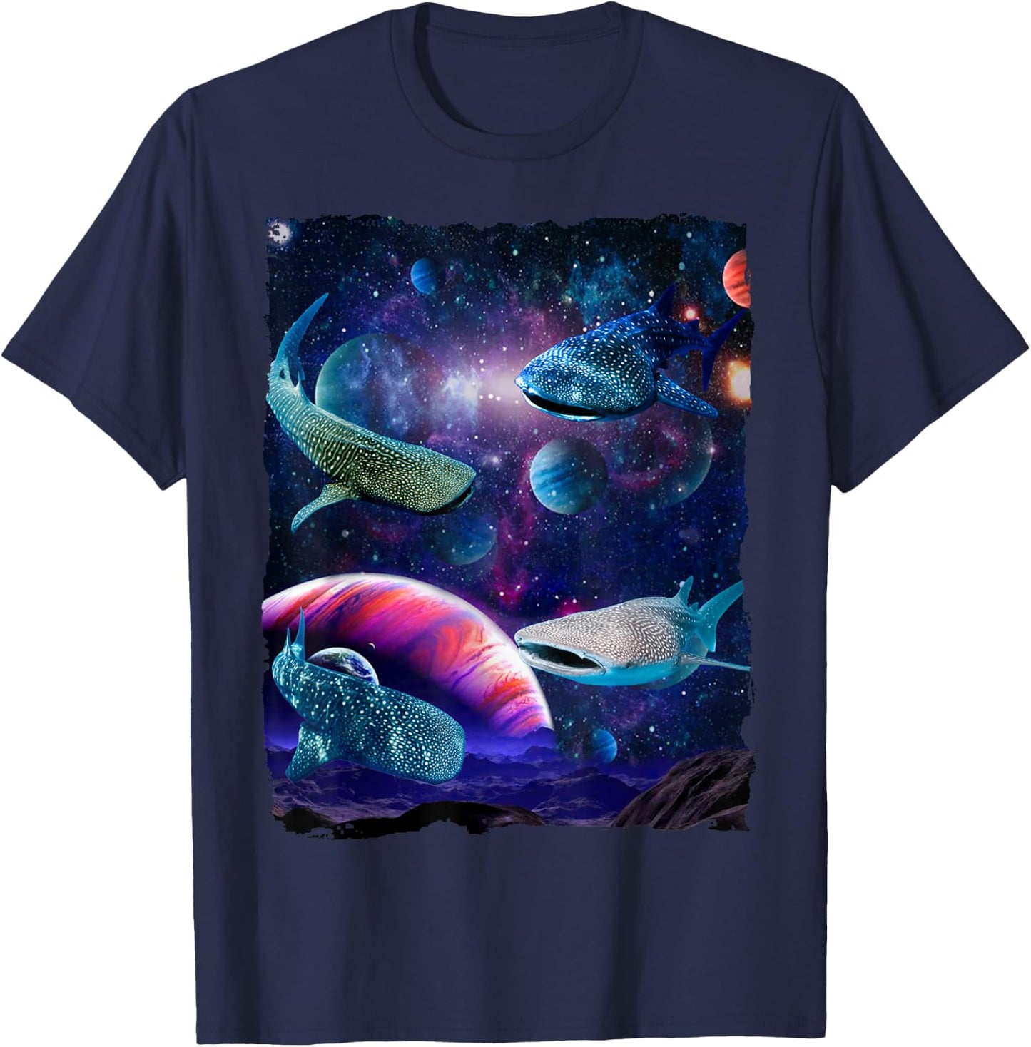 Sharks Universe Space Random Galaxy Fish water Whale Shark T-Shirt - T-Shirt | Navy