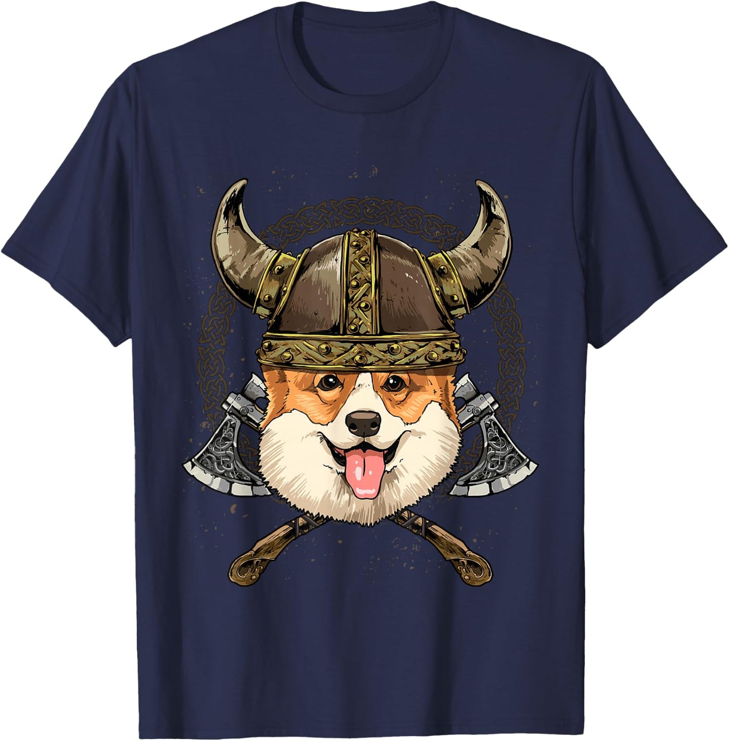 Viking Corgi Dog with Viking Helmet Mjolnir Axes T-Shirt - T-Shirt | Navy