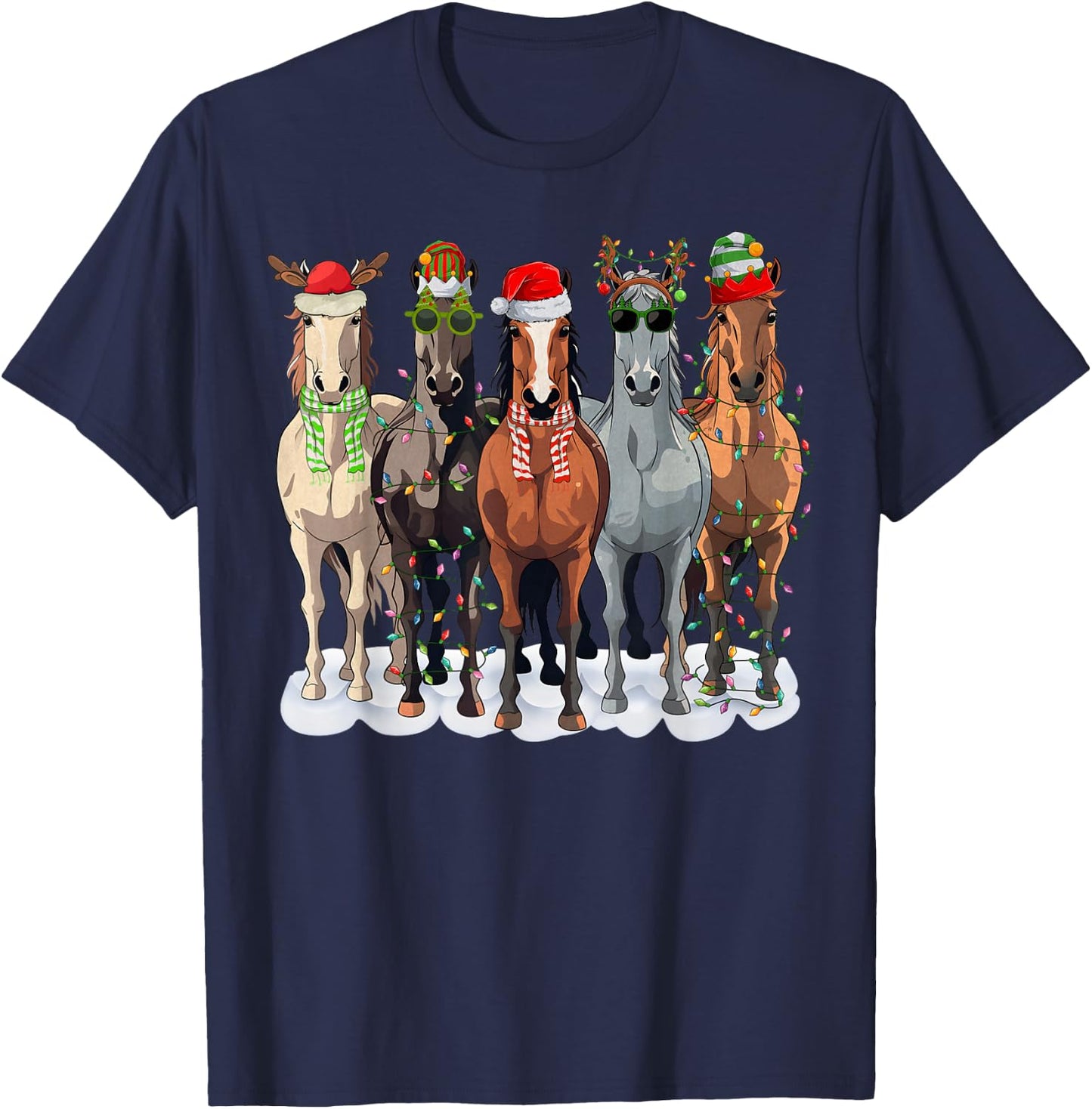 Merry Christmas Horse Western Santa Hat Xmas Lights Pajama T-Shirt - T-Shirt | Navy