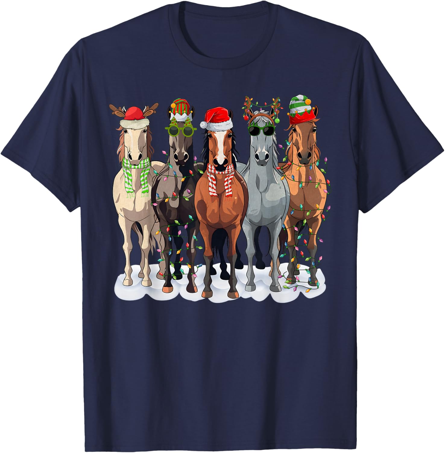 Merry Christmas Horse Western Santa Hat Xmas Lights Pajama T-Shirt - T-Shirt | Navy