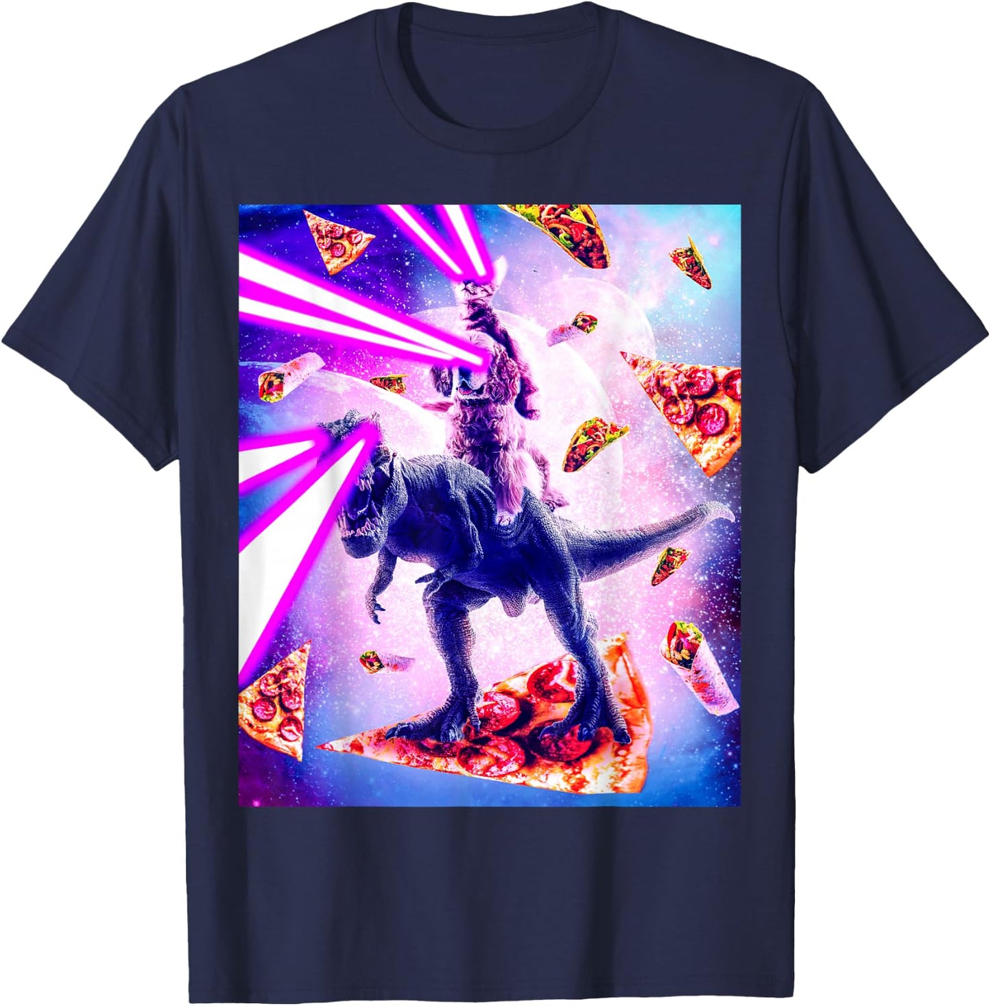 Laser Eyes Space Cat Riding Dog And Dinosaur T-Shirt - T-Shirt | Navy
