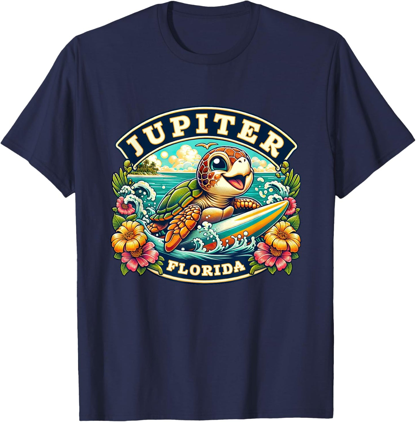 Jupiter Florida Cute Sea Turtle Surfing T-Shirt - T-Shirt | Navy