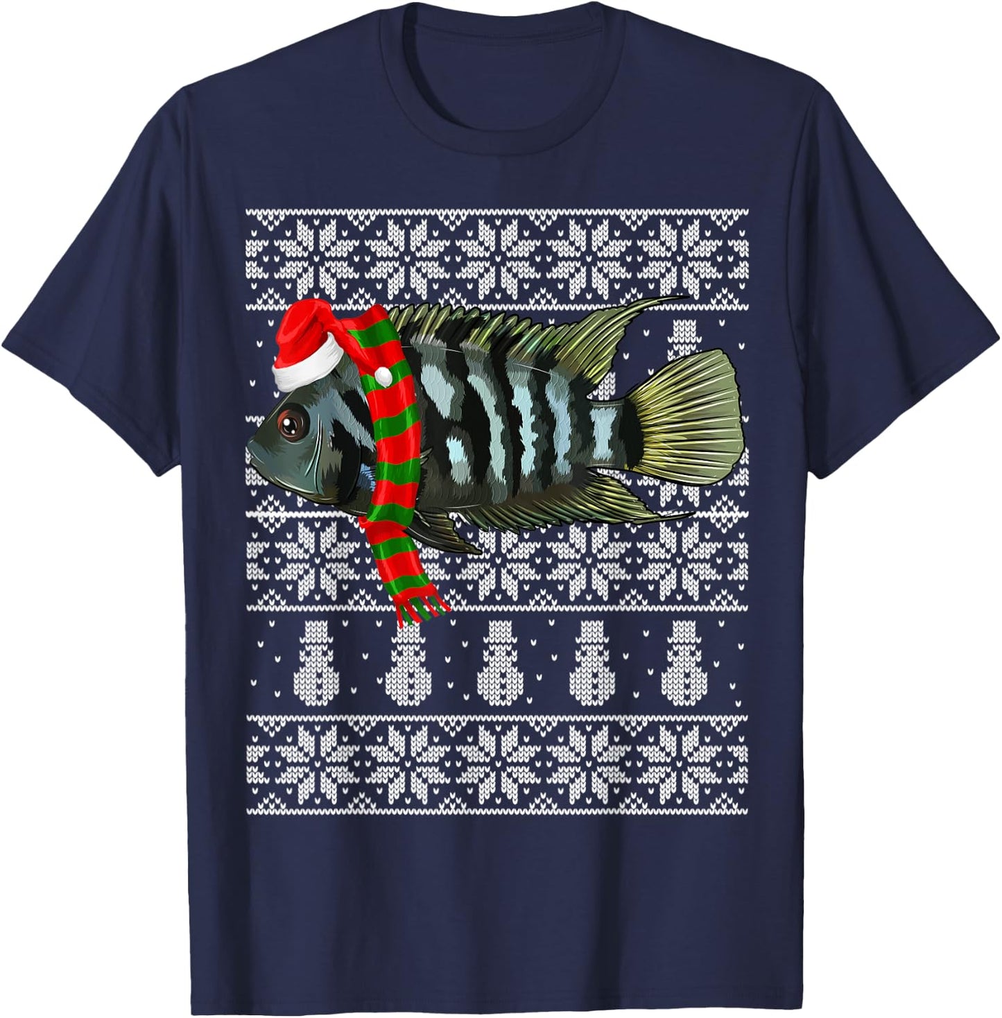Fish Xmas Santa Hat Convict Cichlids Ugly Christmas T-Shirt - T-Shirt | Navy
