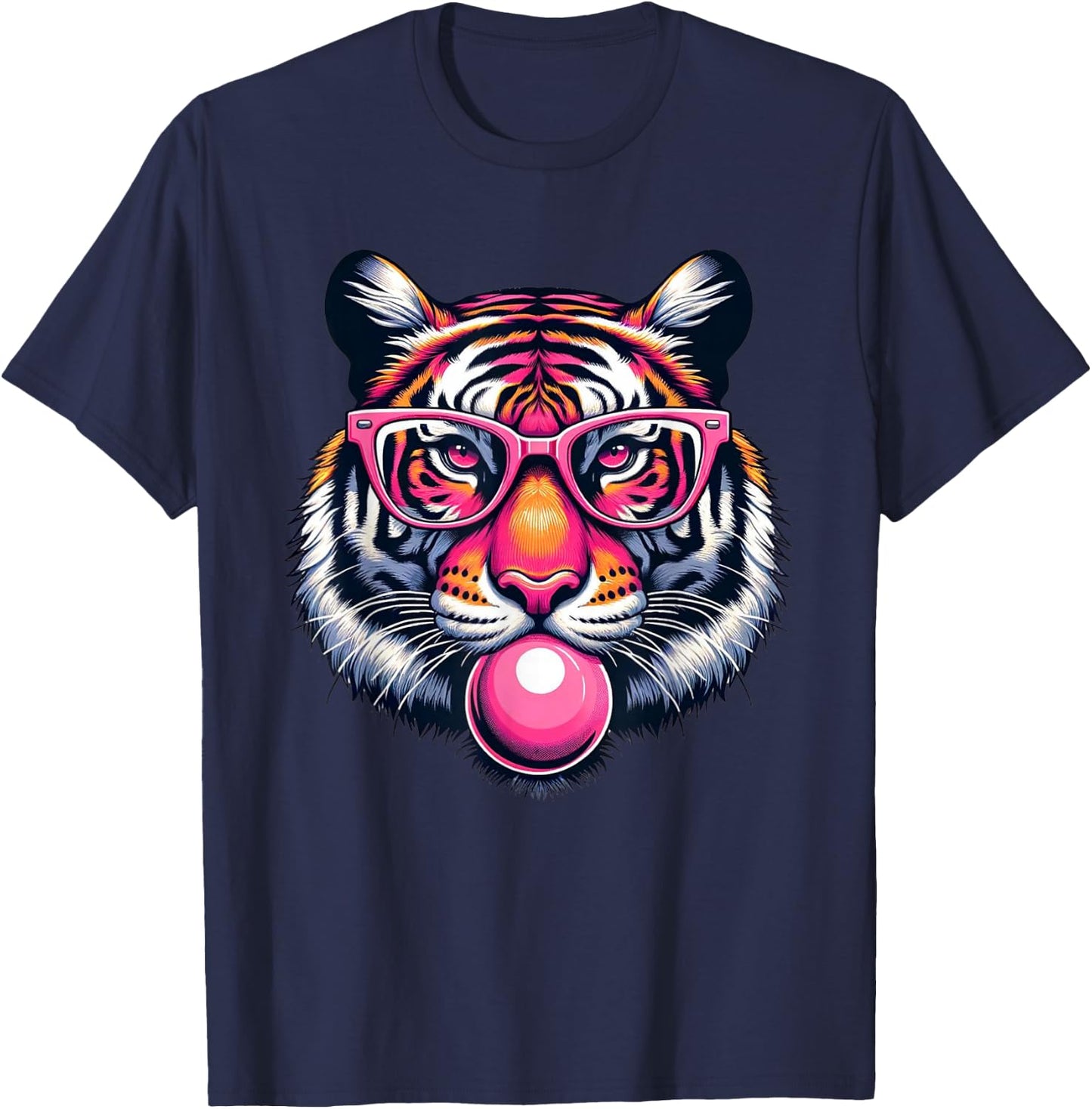 Funny Tiger Wearing Eyeglasses Bubblegum Tiger Lover T-Shirt - T-Shirt | Navy