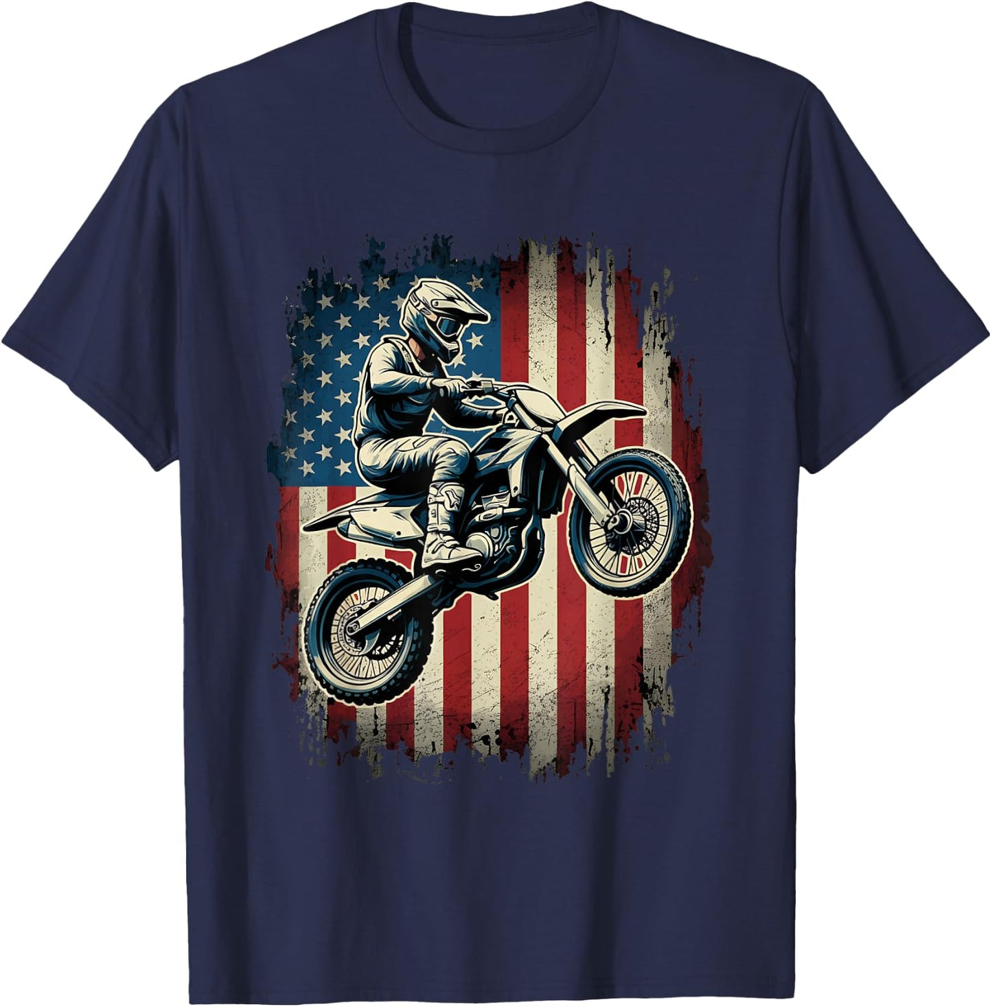 Dirt Bike American Flag Motocross Biker USA Vintage T-Shirt - T-Shirt | Navy