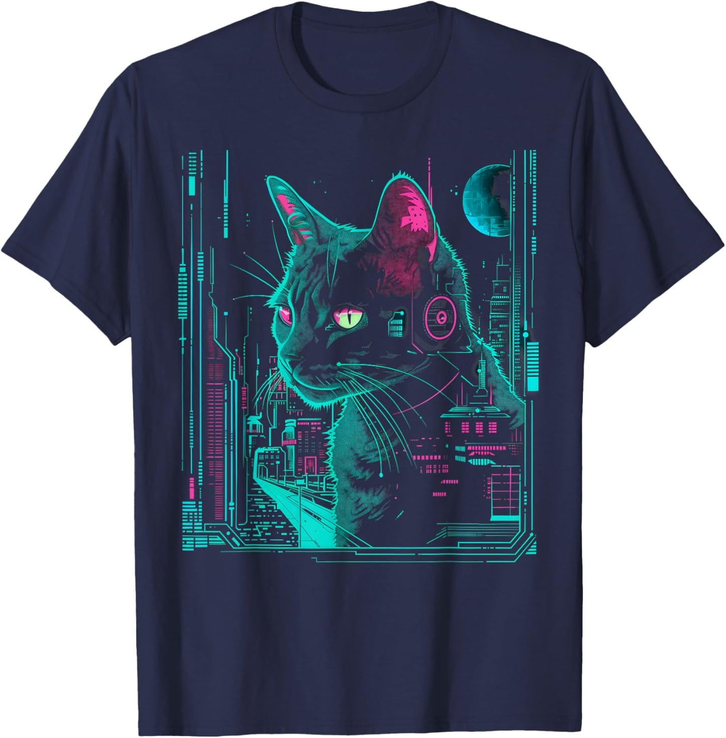 Cyberpunk Cat with cybernetic enhancements T-Shirt - T-Shirt | Navy