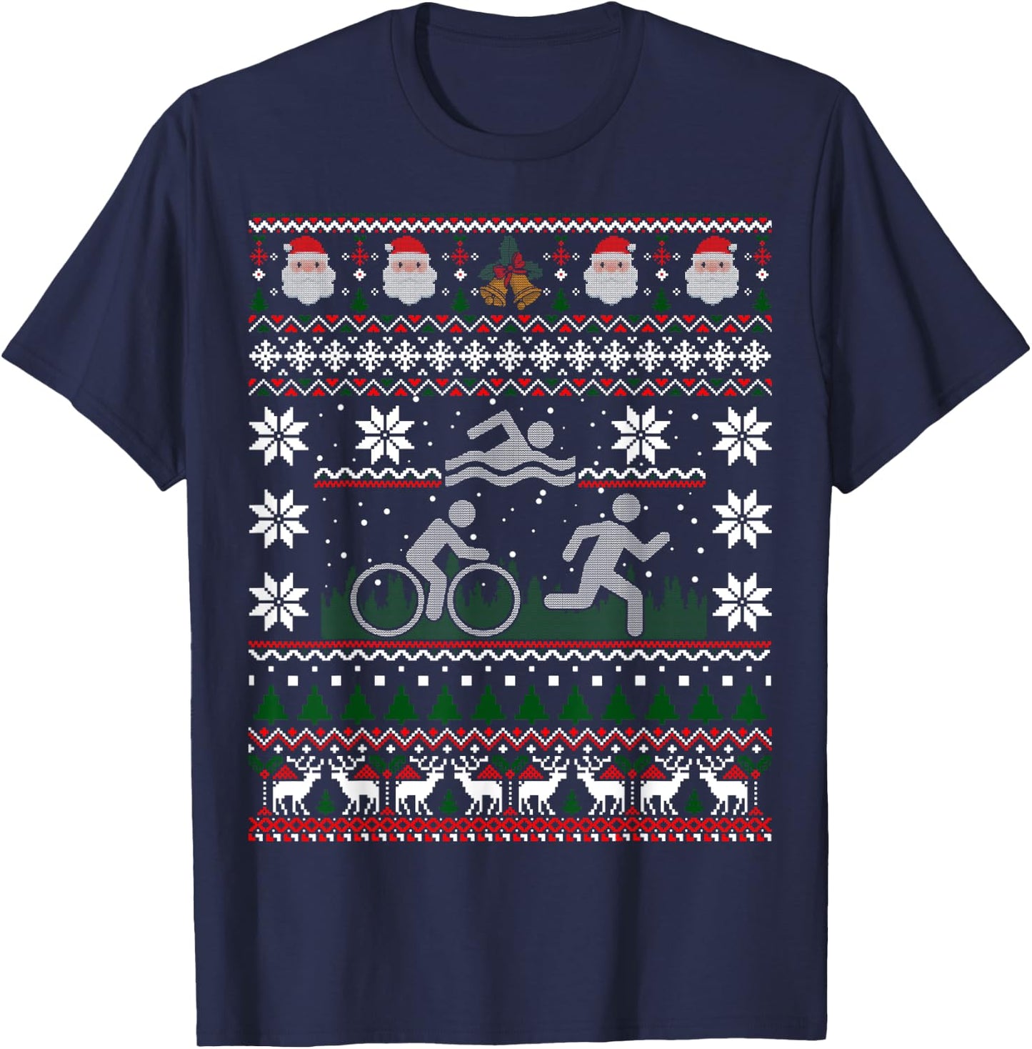 Triathlon Ugly Christmas Sweater Swim Bike Run Funny T-Shirt - T-Shirt | Navy