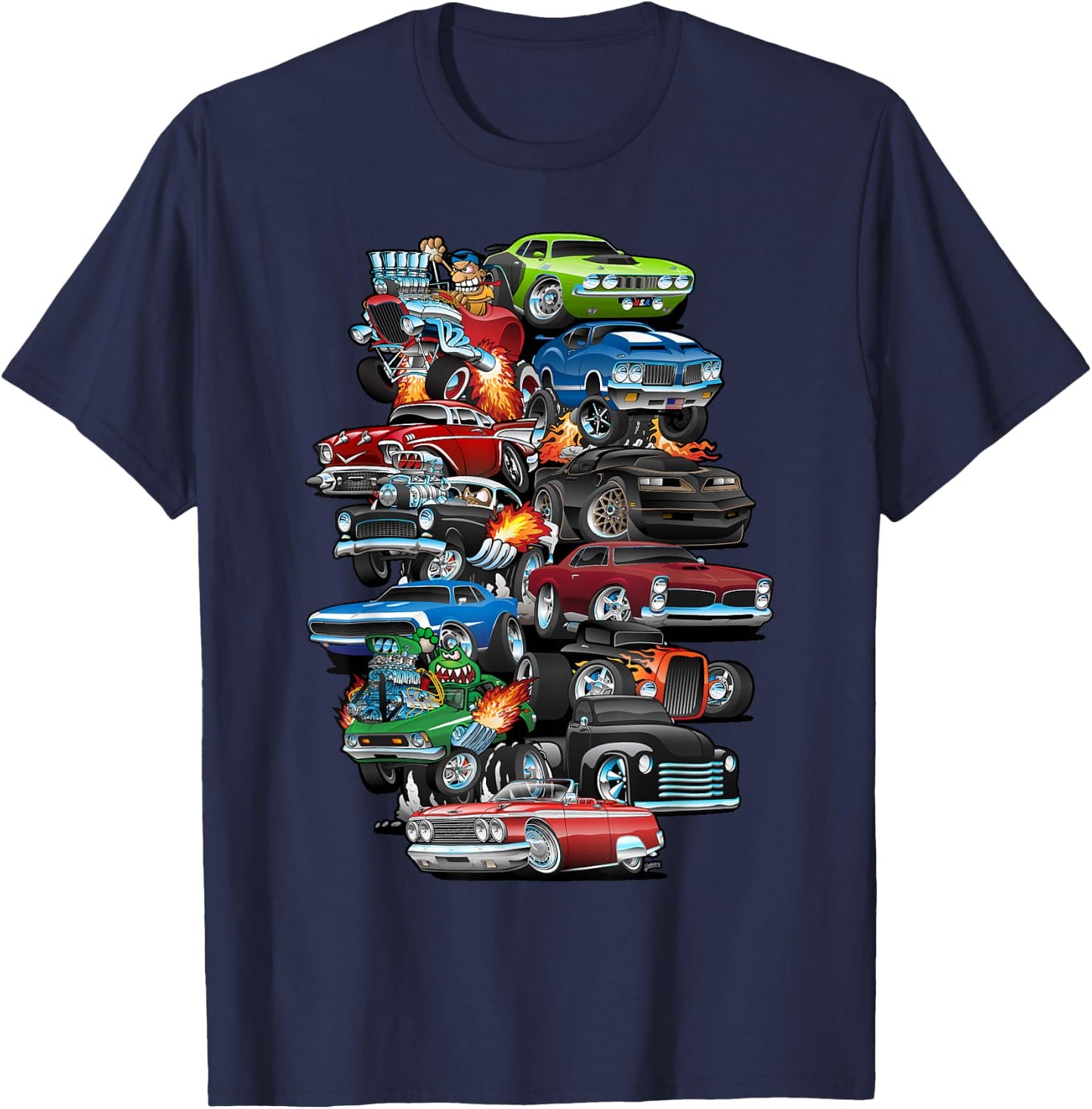 Car Madness! Muscle Cars, Classic Cars and Hotrods Cartoon T-Shirt - T-Shirt | Navy