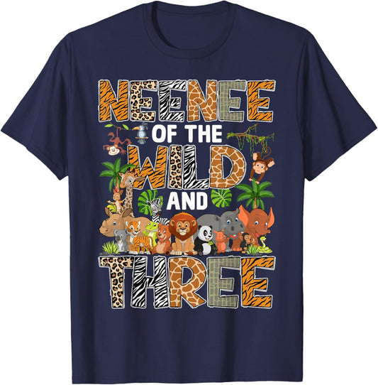 Neenee Of The Wild Three Zoo Birthday Safari Jungle T-Shirt - T-Shirt | Navy