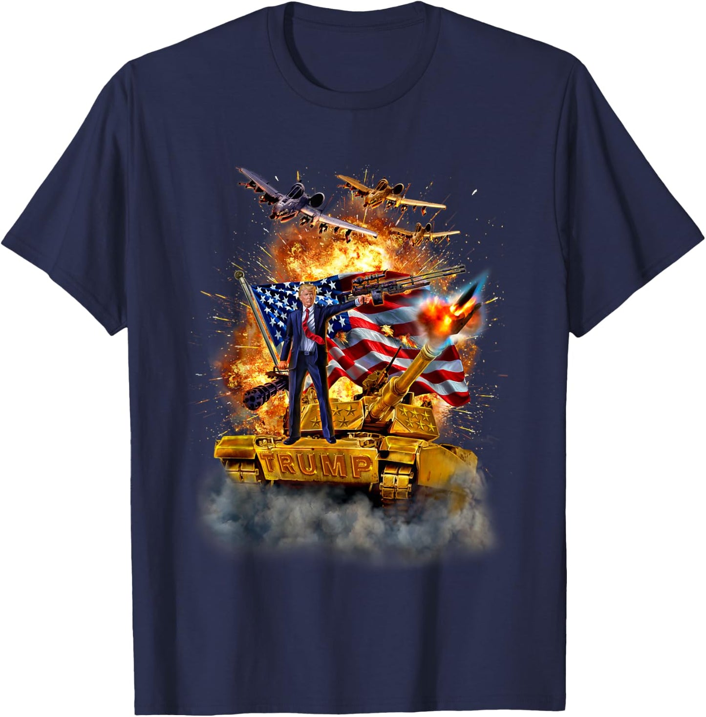 President Donald Trump Rides a Golden Tank T-Shirt - T-Shirt | Navy