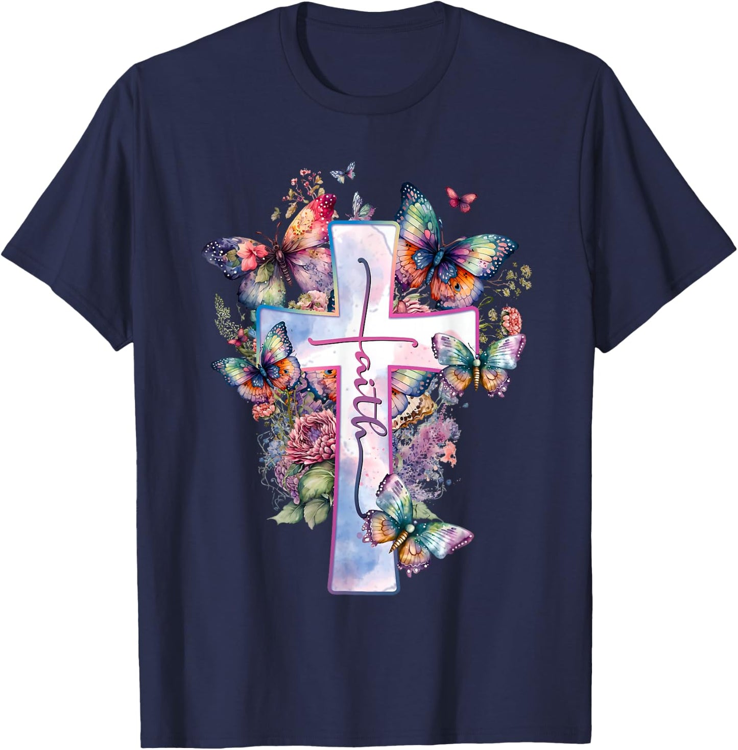 Faith-Cross Floral Butterflies Christ Flowers Religious T-Shirt - T-Shirt | Navy