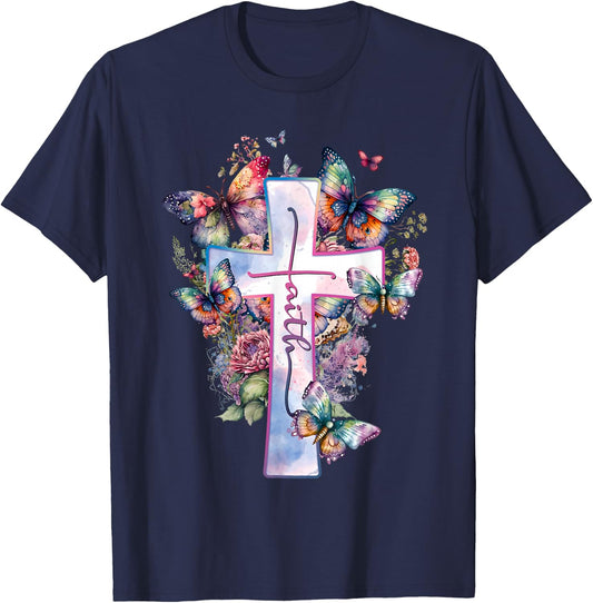 Faith-Cross Floral Butterflies Christ Flowers Religious T-Shirt - T-Shirt | Navy