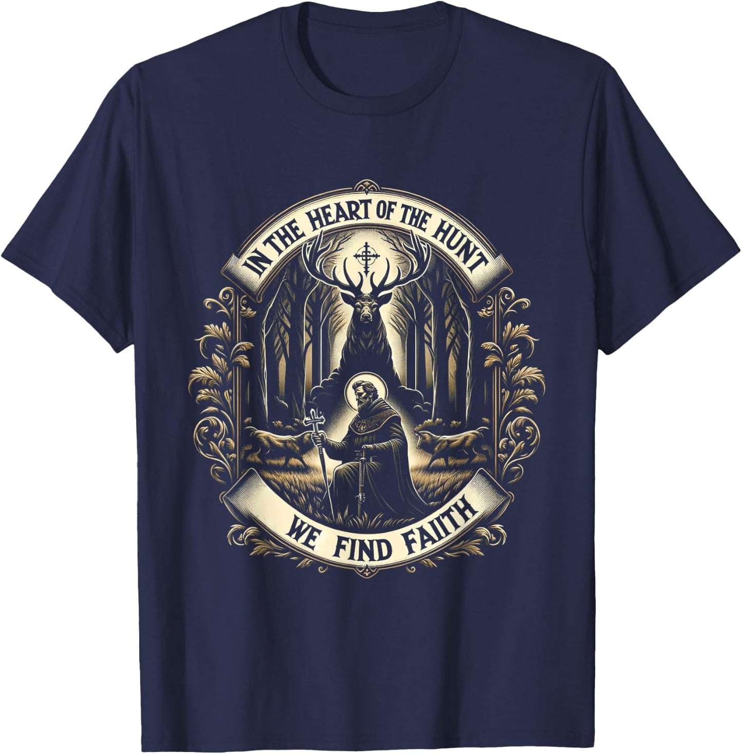 St. Hubertus Patron Hunter & Stag - Christian Faith T-Shirt - T-Shirt | Navy