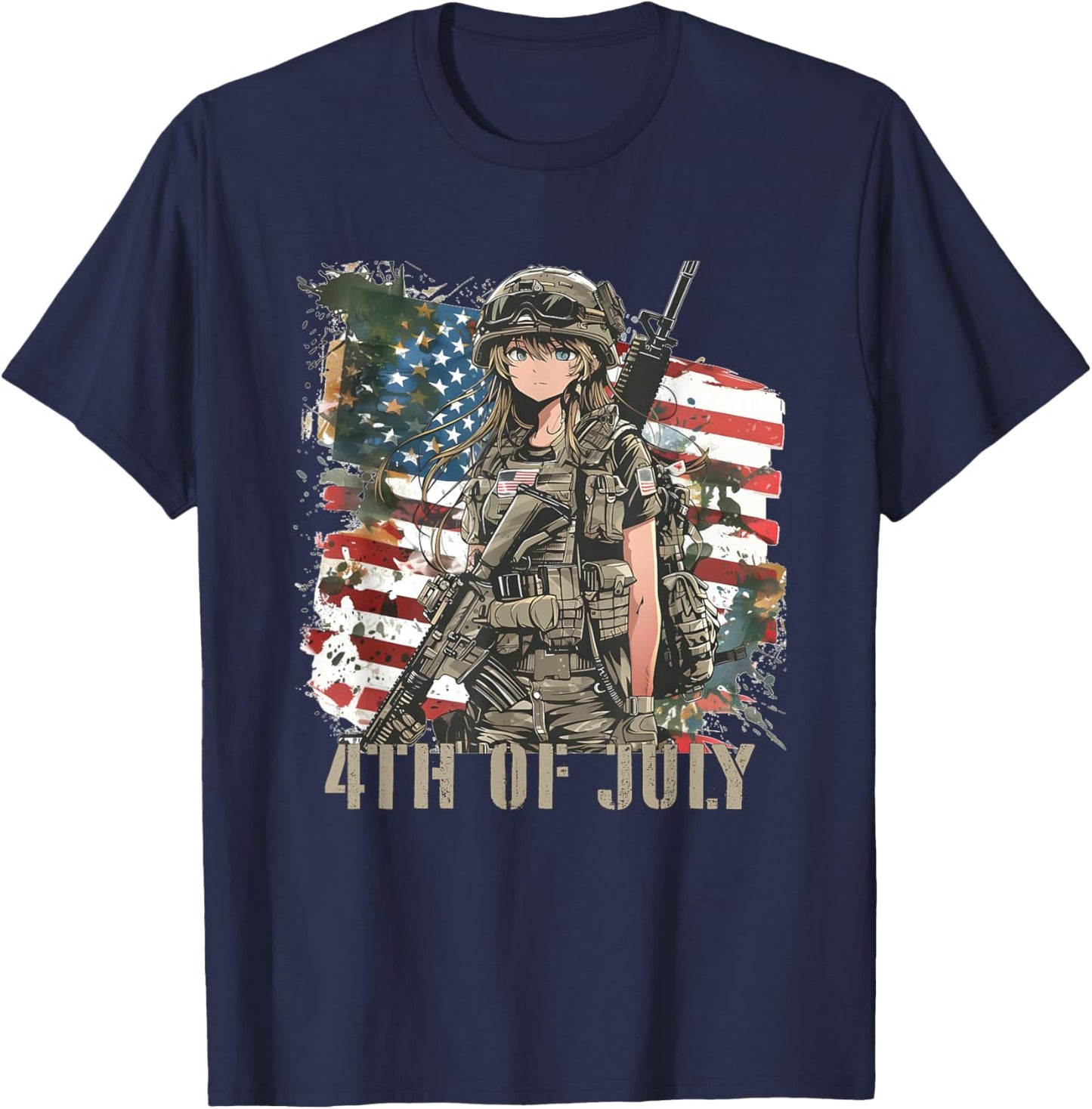 4th Of July Military Anime Girl Patriotic Kid Women USA Flag T-Shirt - T-Shirt | Navy