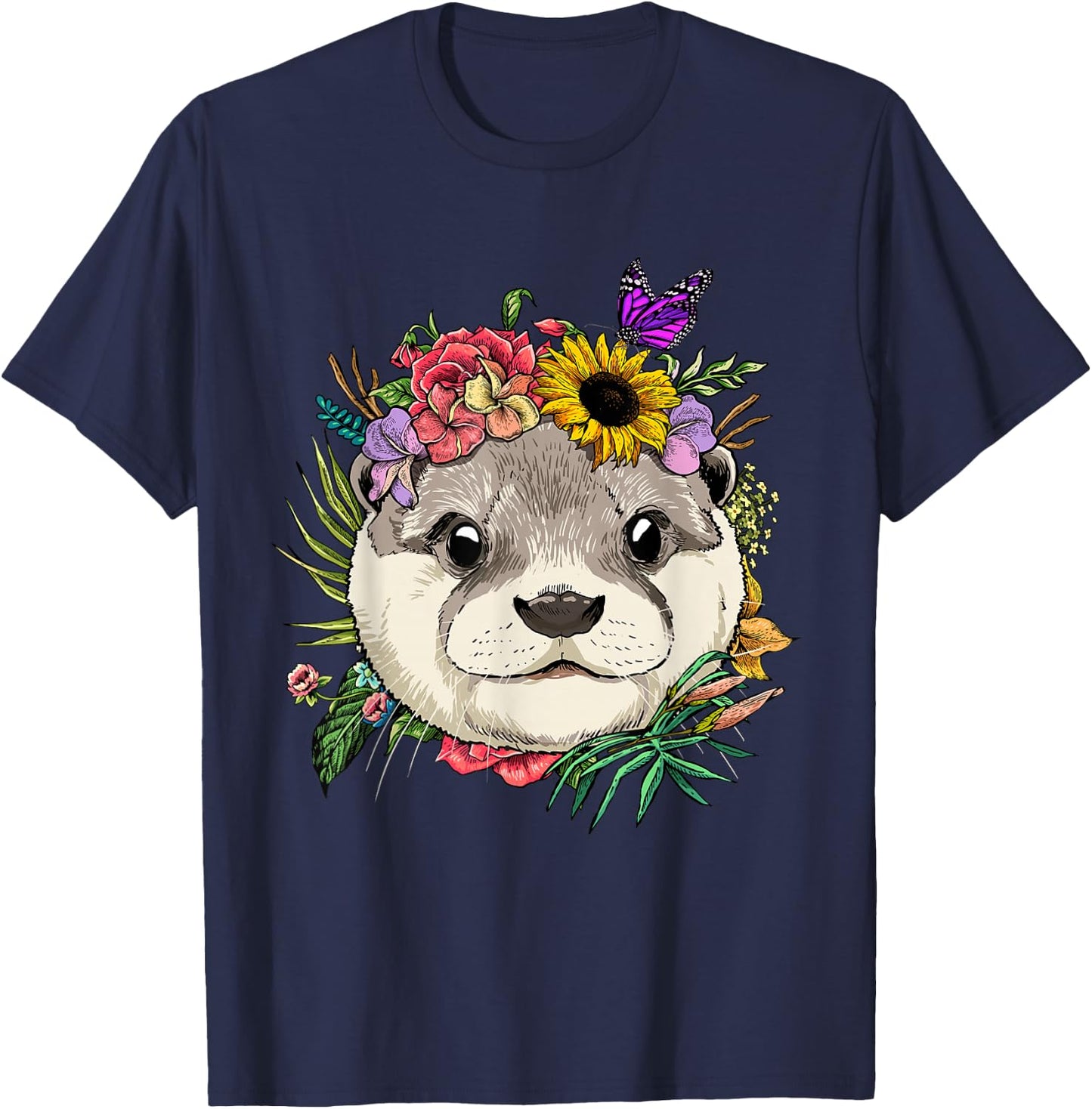 Floral Otter Spring Nature Otter Animal Lovers T-Shirt - T-Shirt | Navy