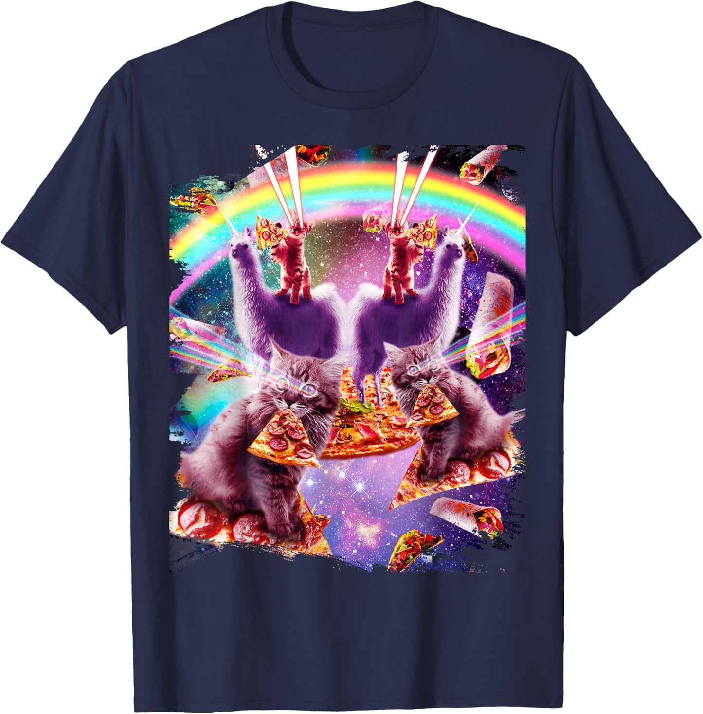 Laser Pizza Cat On Llama, Lazer Kitty Cats In Rainbow Space T-Shirt - T-Shirt | Navy