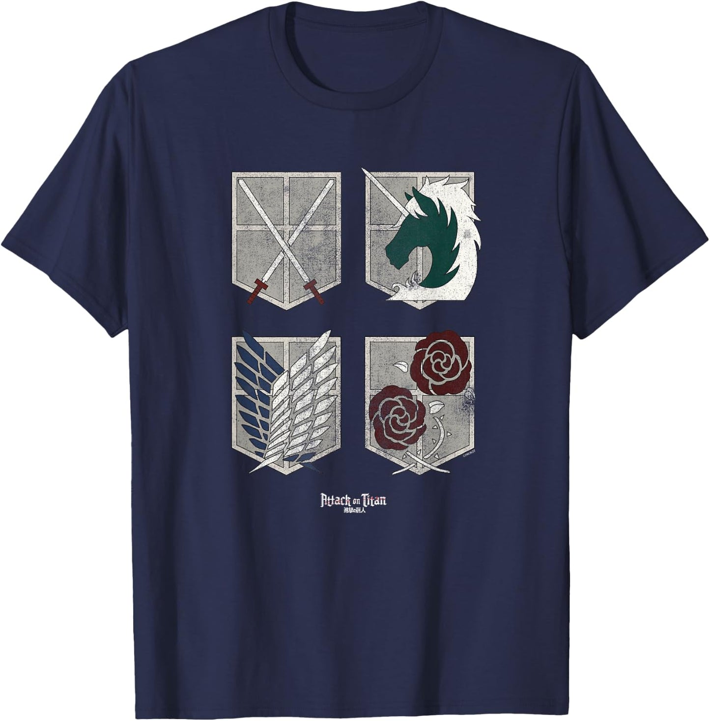 Attack on Titan Four Shields Trainee Military Corps Garrison T-Shirt - T-Shirt | Navy
